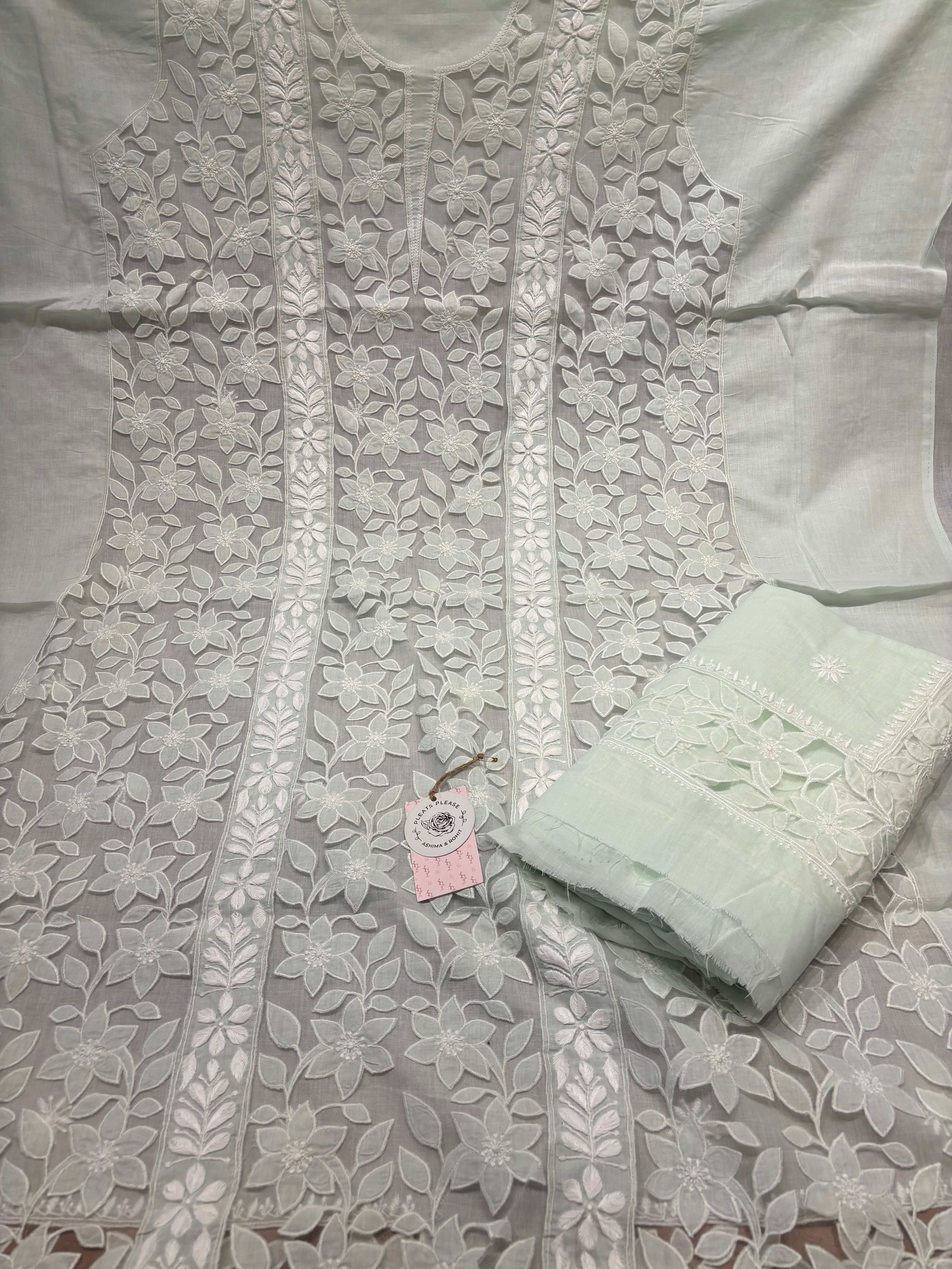 Sea Green Mulmul Soft Net Appliqué Chikankari Kurta And Dupatta Fabric