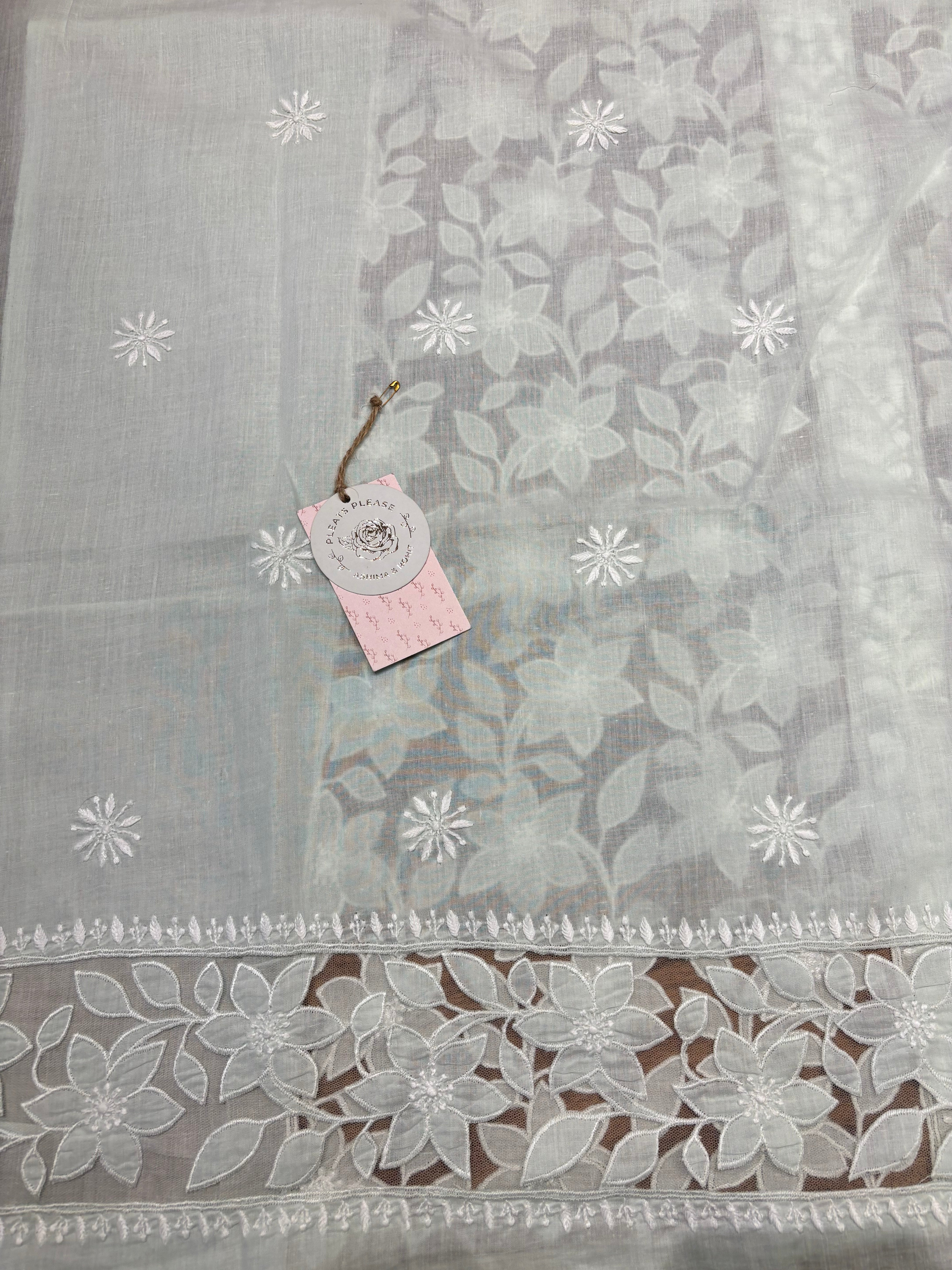 Sea Green Mulmul Soft Net Appliqué Chikankari Kurta And Dupatta Fabric