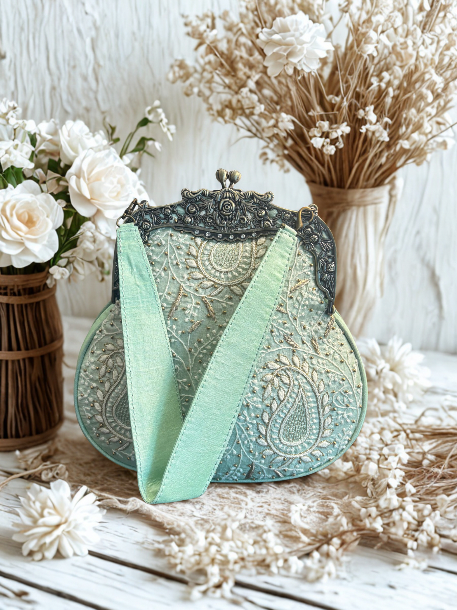 Mint Green Silk Chikankari Clutch - Pleats PleaseChikankari