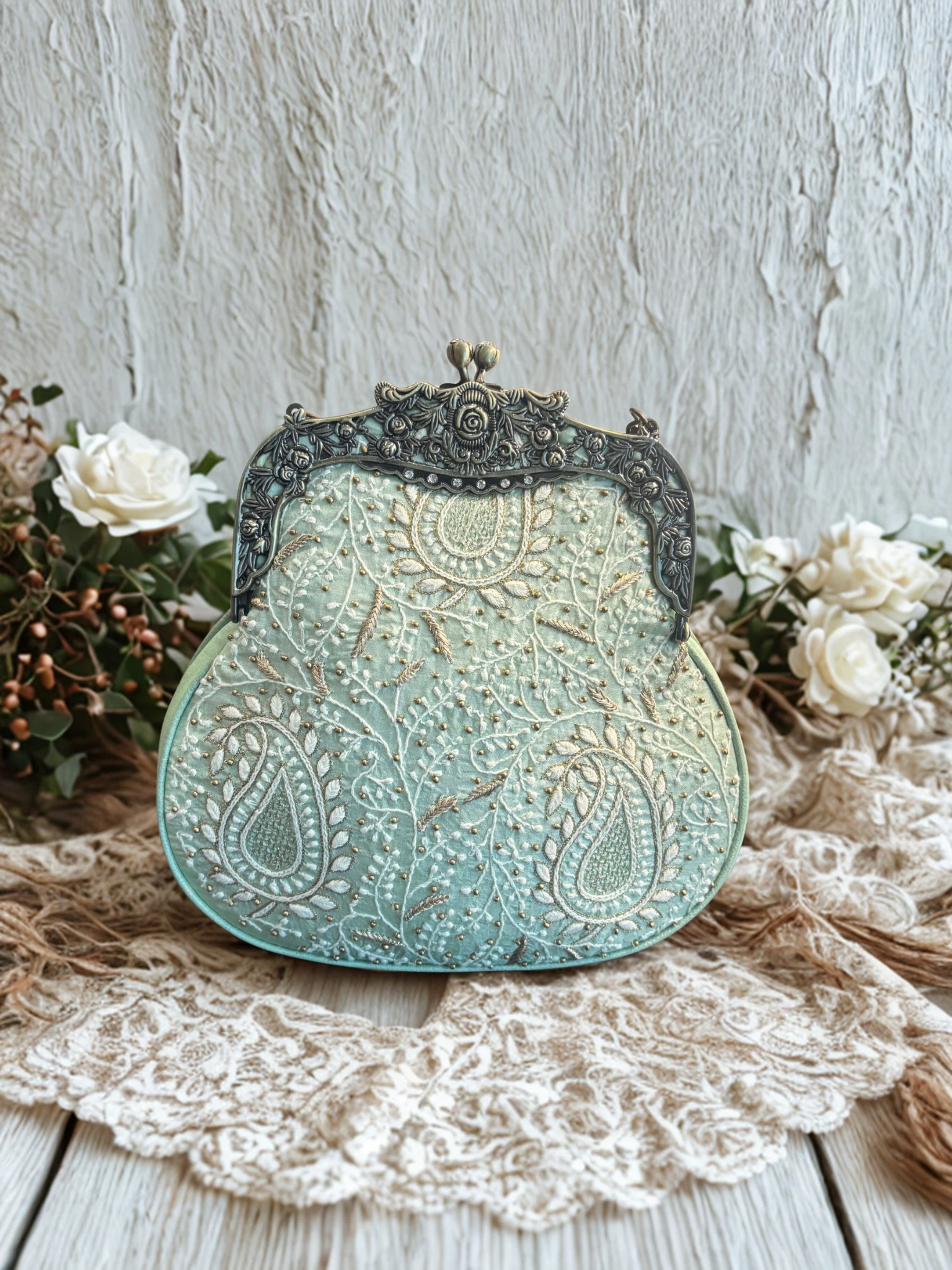 Mint Green Silk Chikankari Clutch - Pleats PleaseChikankari
