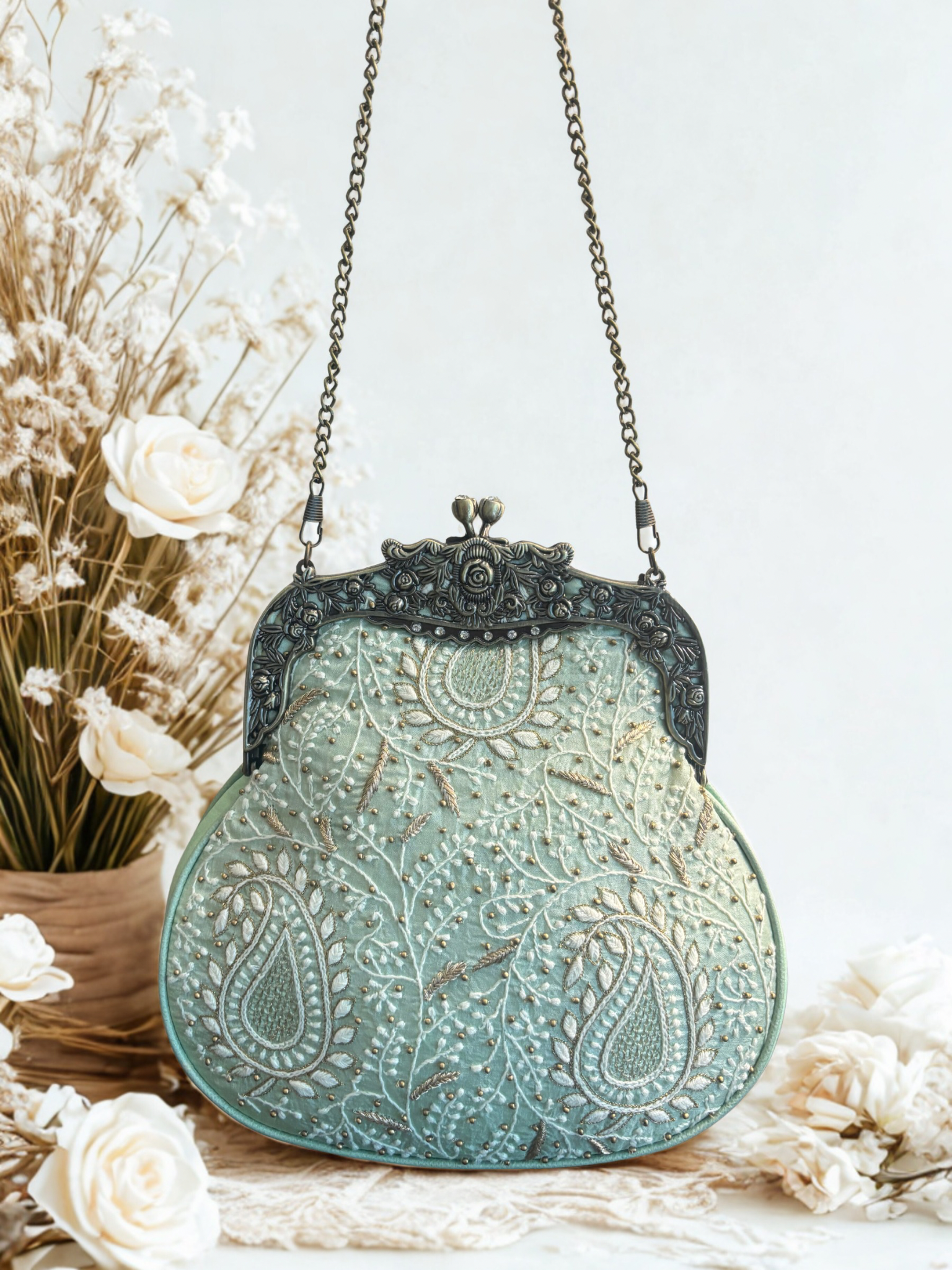 Mint Green Silk Chikankari Clutch - Pleats PleaseChikankari