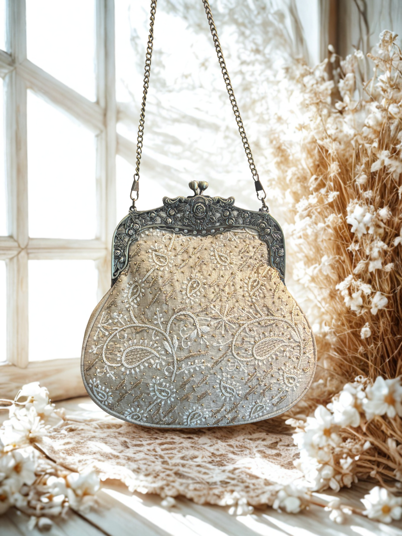 Beige Silk Chikankari Clutch