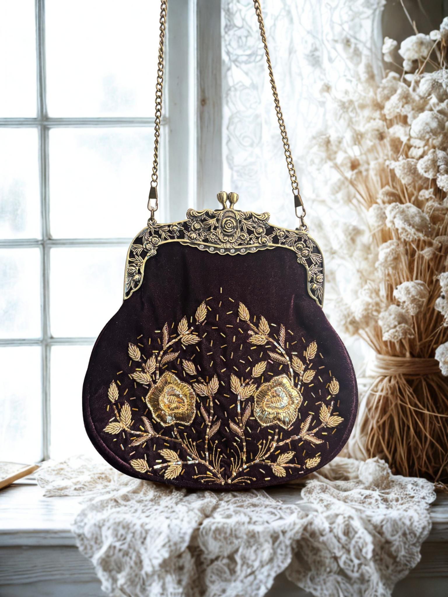 Windsor Wine Velvet Mukaish Clutch
