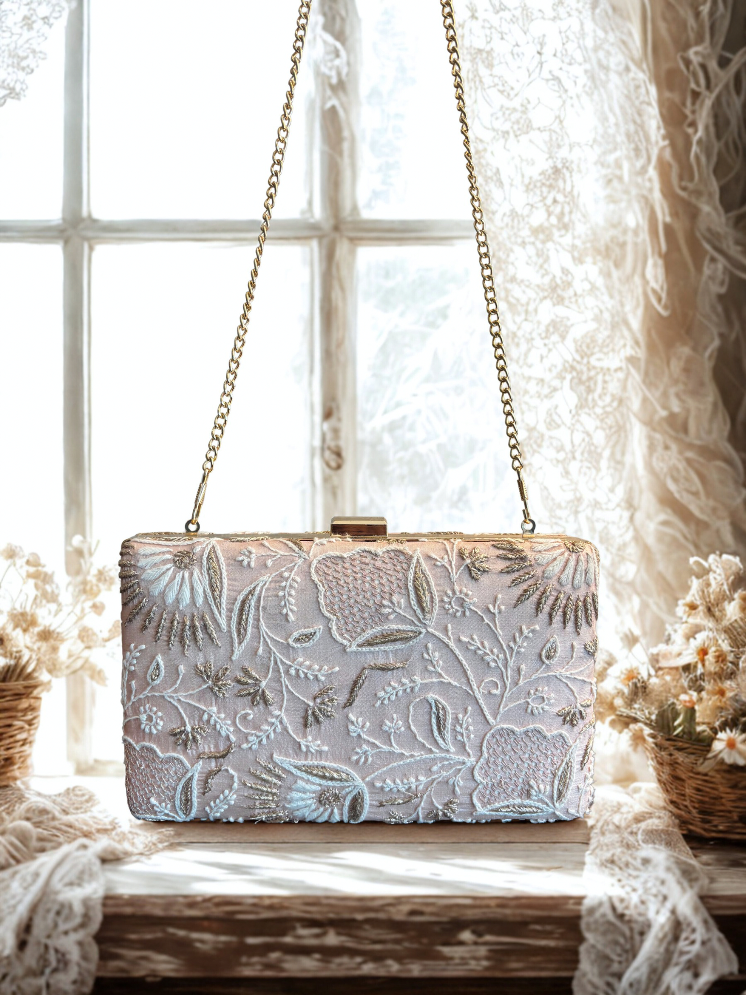 Peach Silk Chikankari Clutch