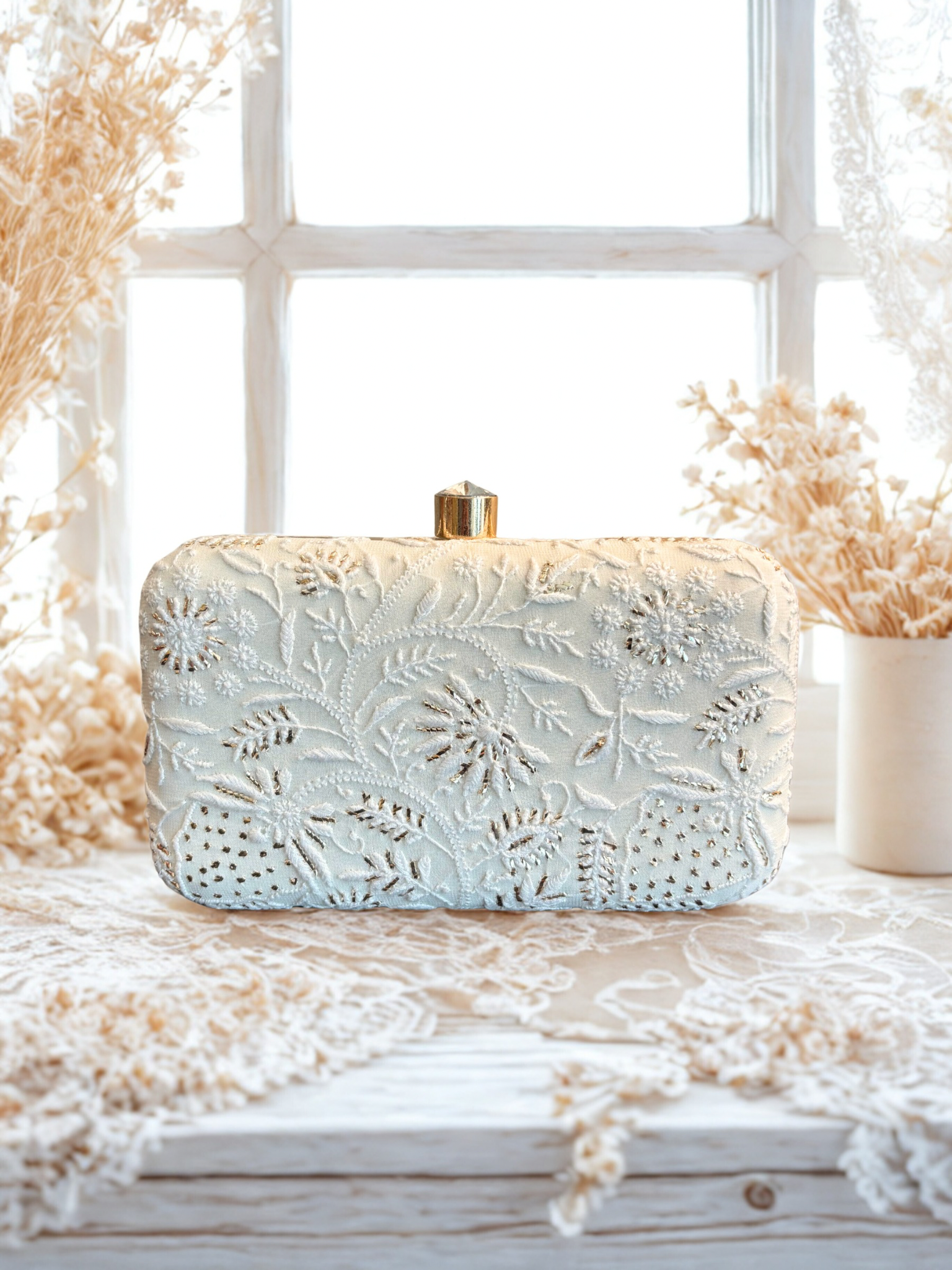 White Silk Chikankari Clutch