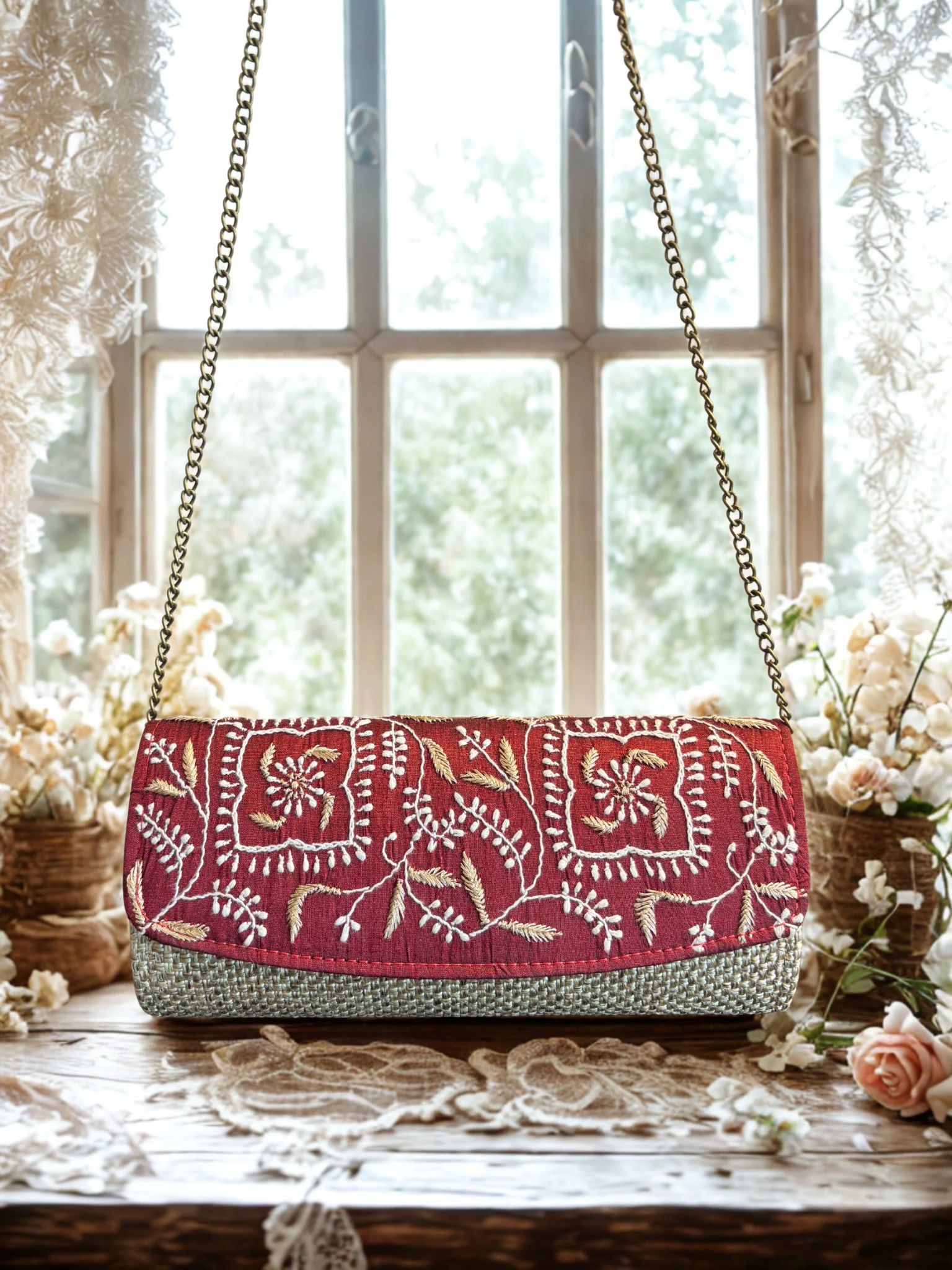 Cranberry Red Chikankari Clutch Jute Bag