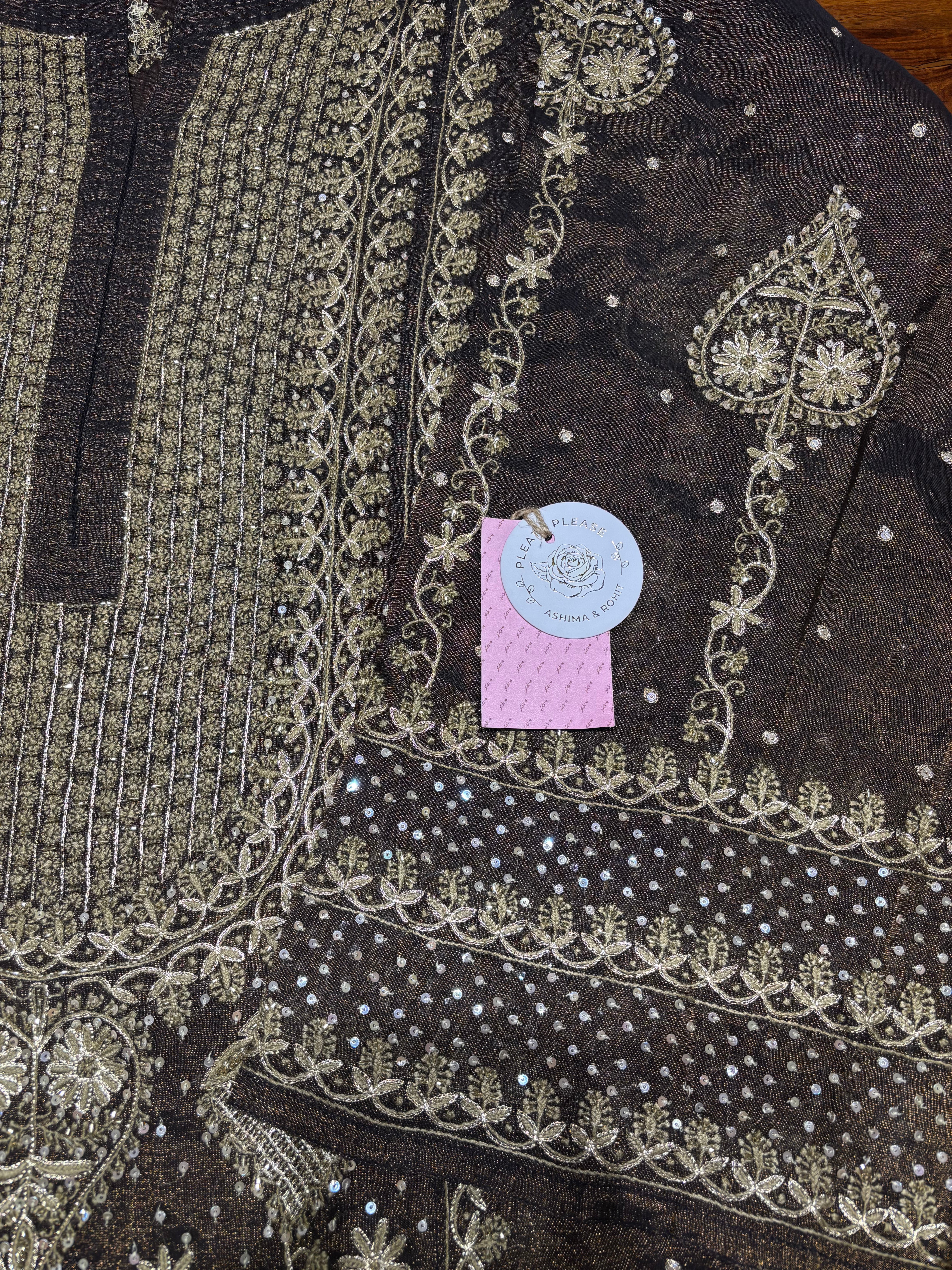 Coca Cola Chikankari Kurta & Dupatta – Elegant Brown Tissue Ensemble - Pleats PleaseChikankari
