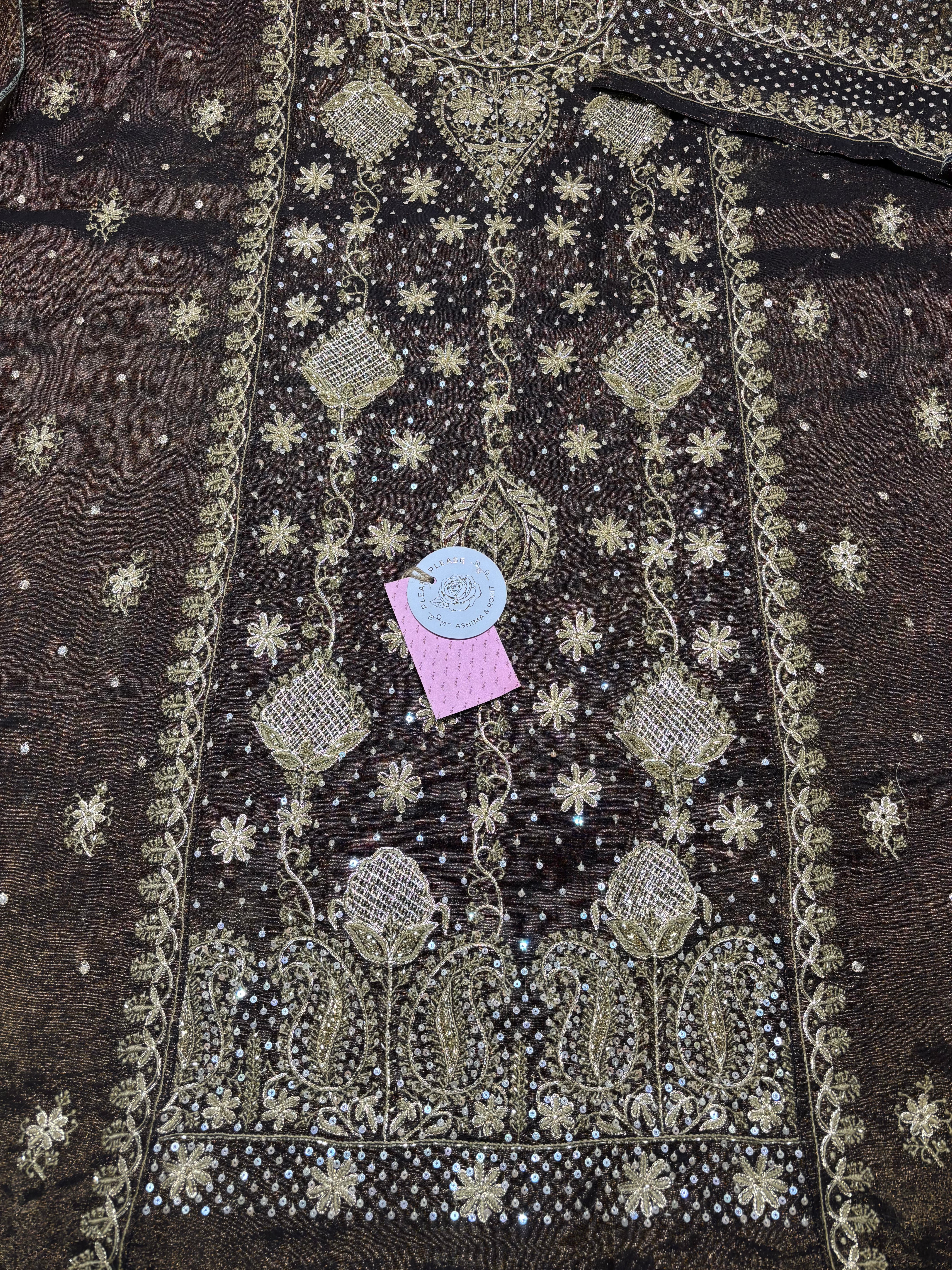 Coca Cola Chikankari Kurta & Dupatta – Elegant Brown Tissue Ensemble - Pleats PleaseChikankari