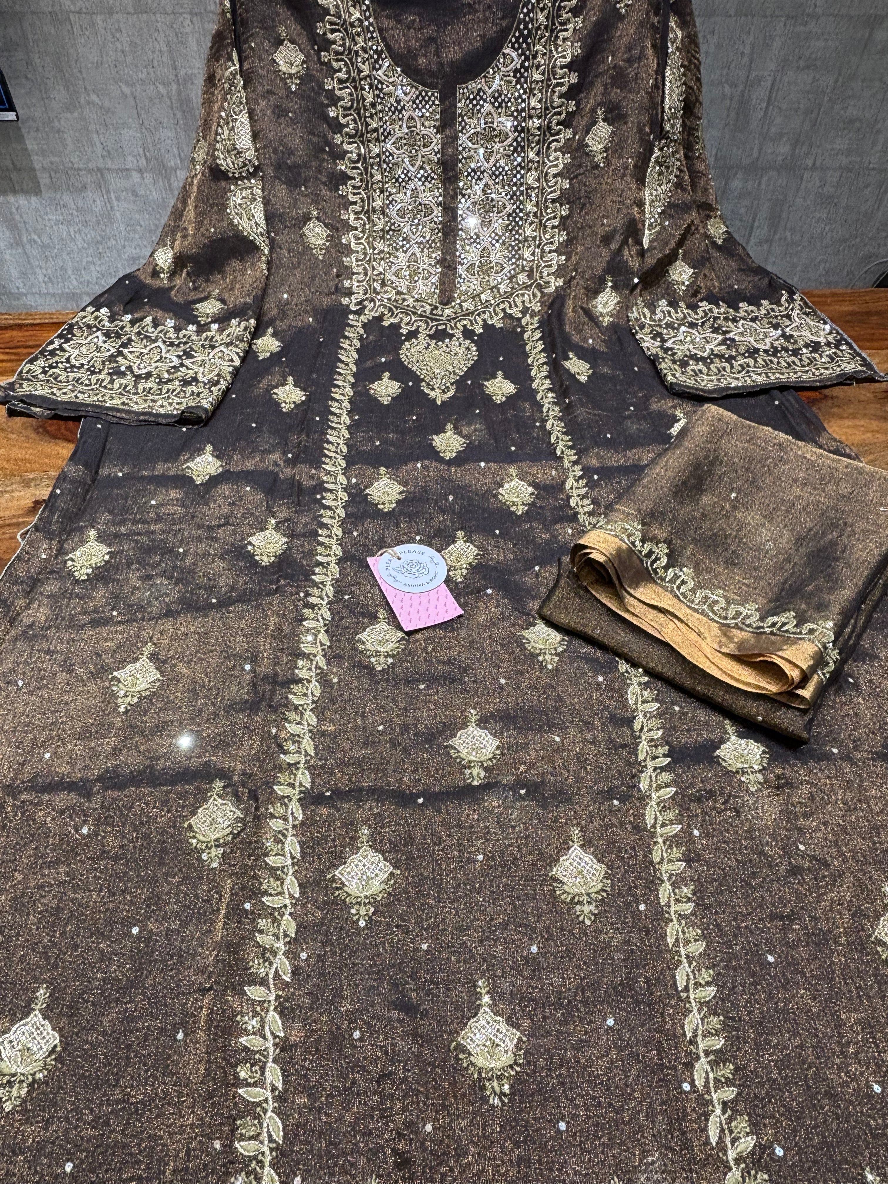 Coca Cola Brown Tissue Chikankari Kurta & Dupatta - Pleats PleaseChikankari