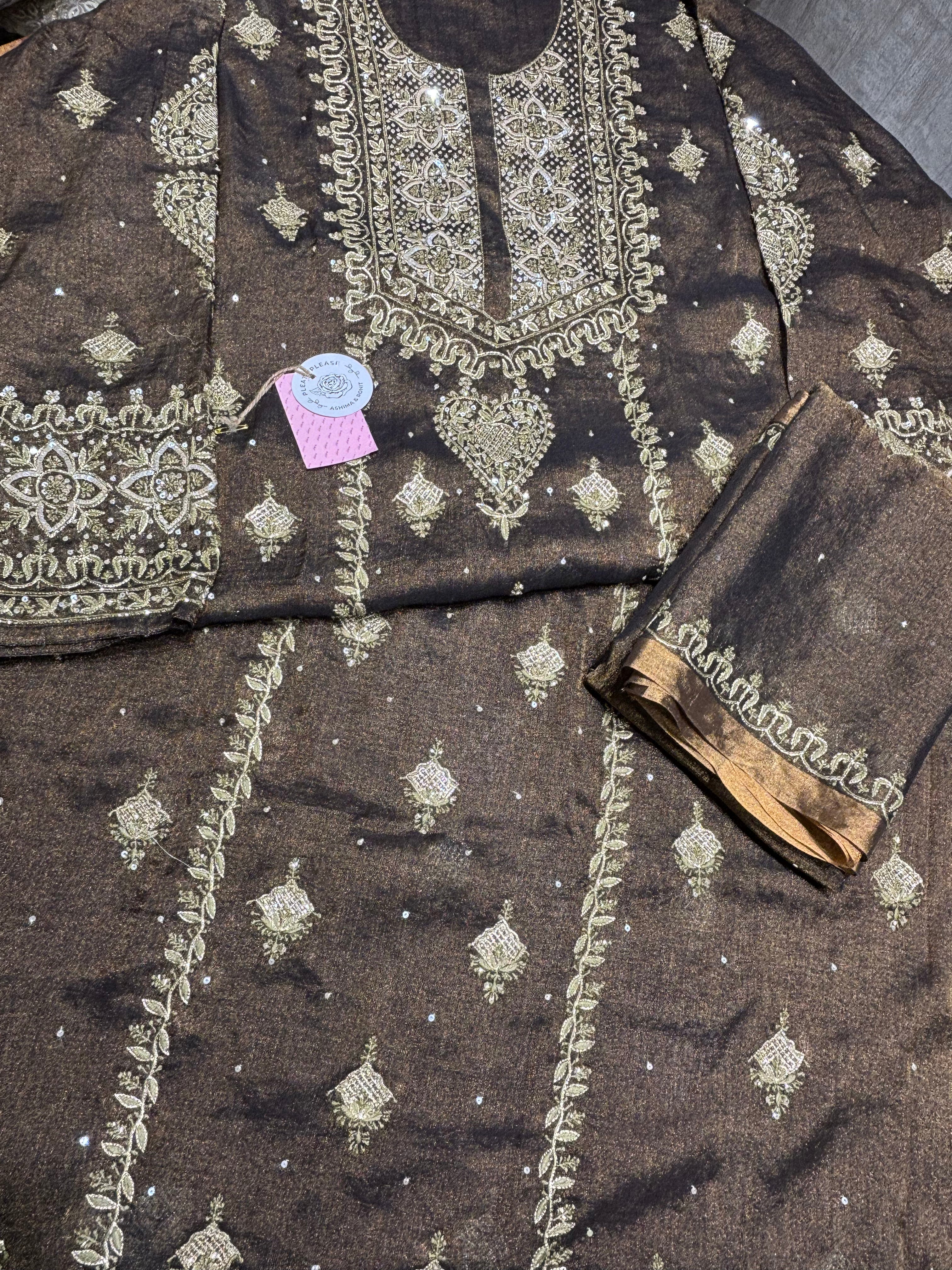 Coca Cola Brown Tissue Chikankari Kurta & Dupatta - Pleats PleaseChikankari