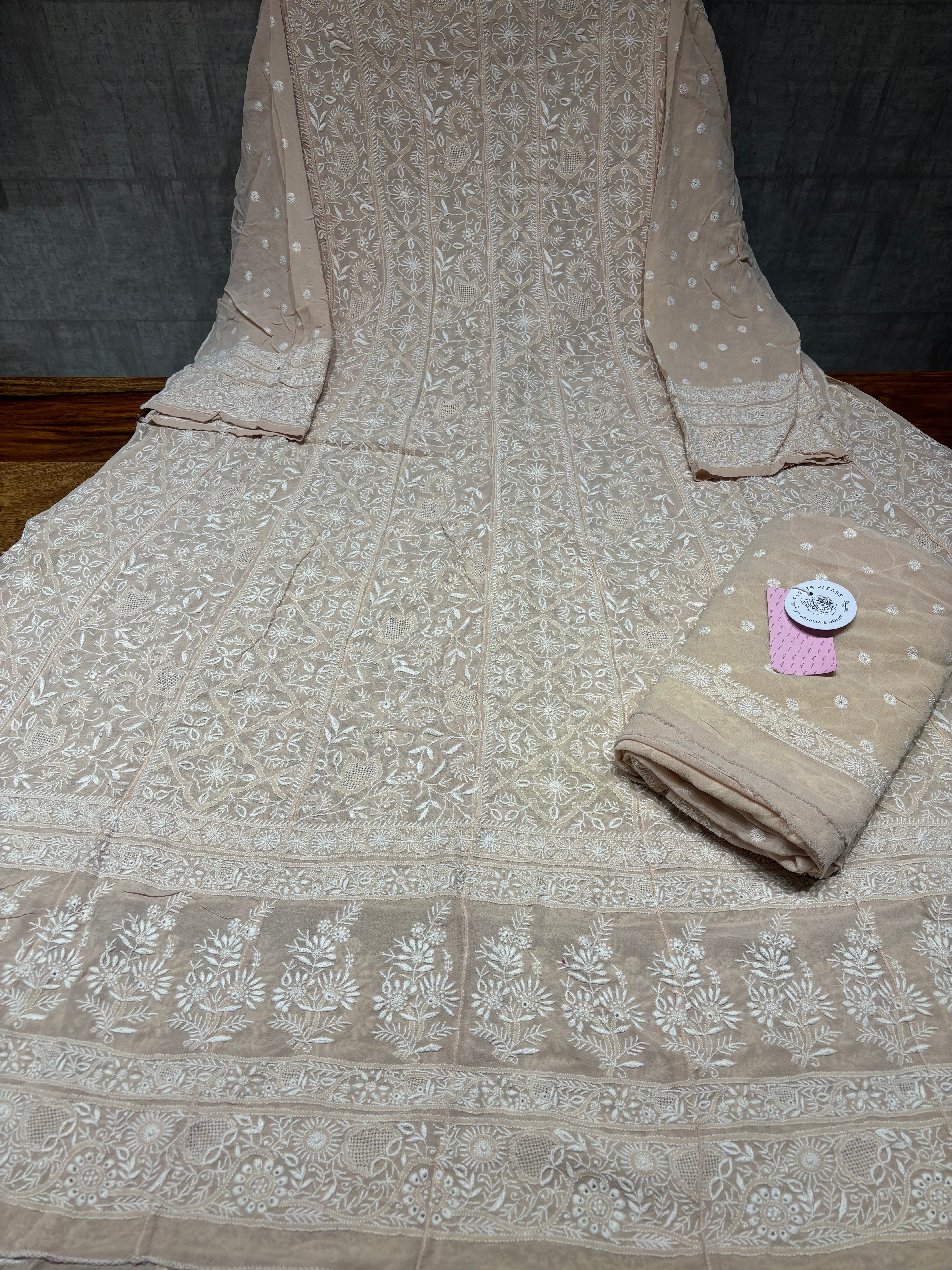 Peach Beige Pure & Premium Georgette Chikankari Anarkali & Dupatta