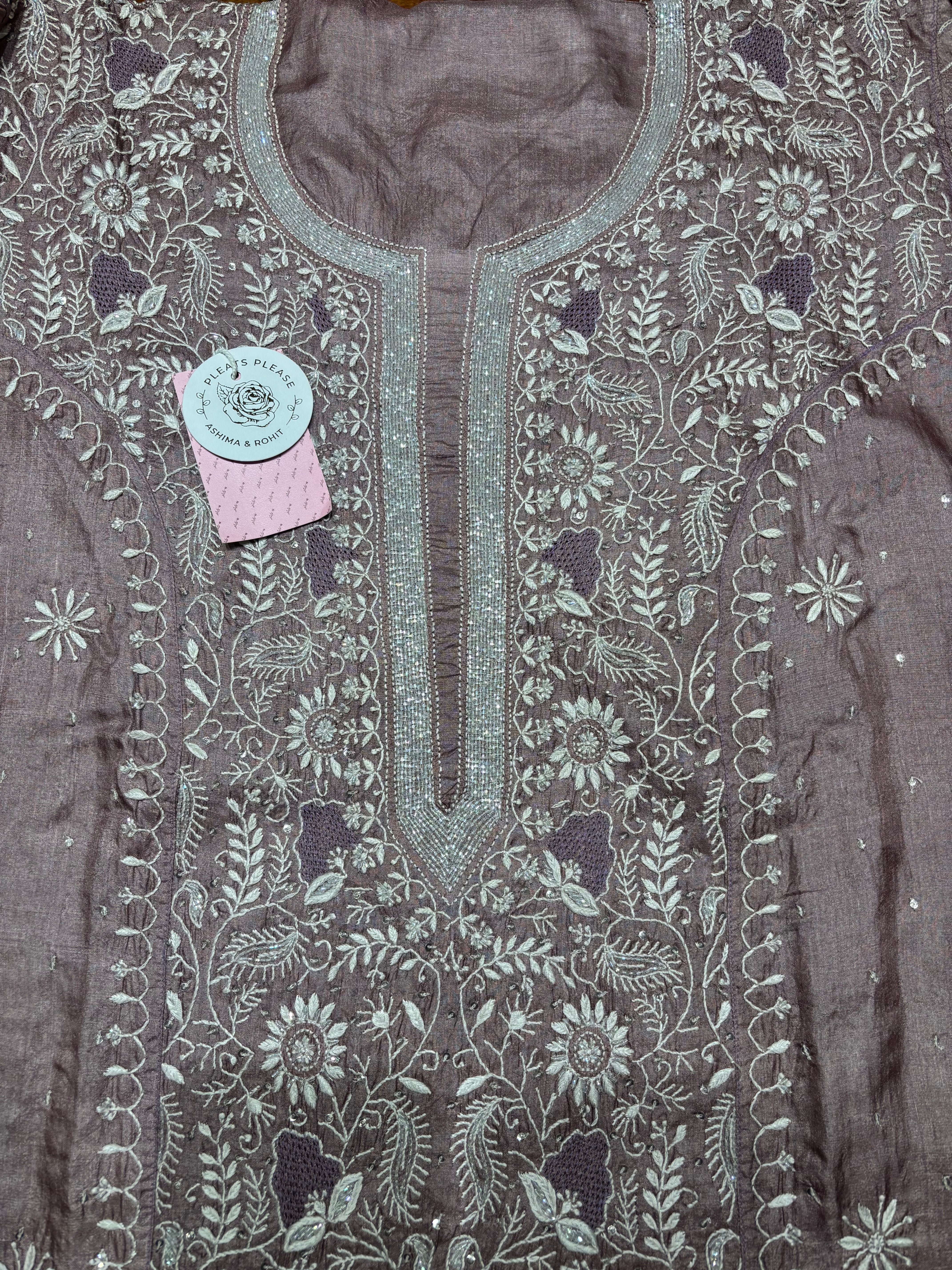 Mauve Taupe Pure Silk Chikankari Kurta & Dupatta