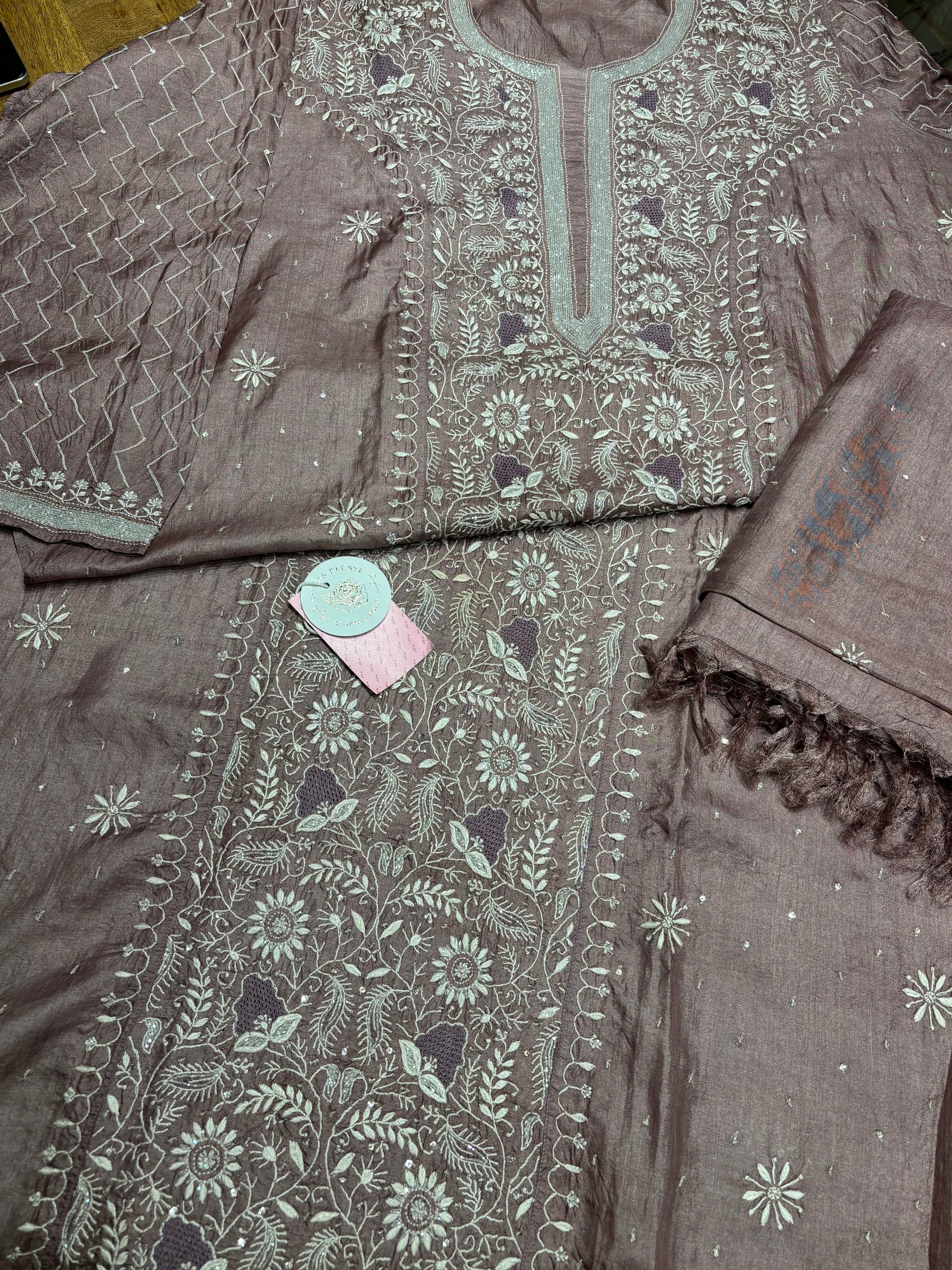 Mauve Taupe Pure Silk Chikankari Kurta & Dupatta