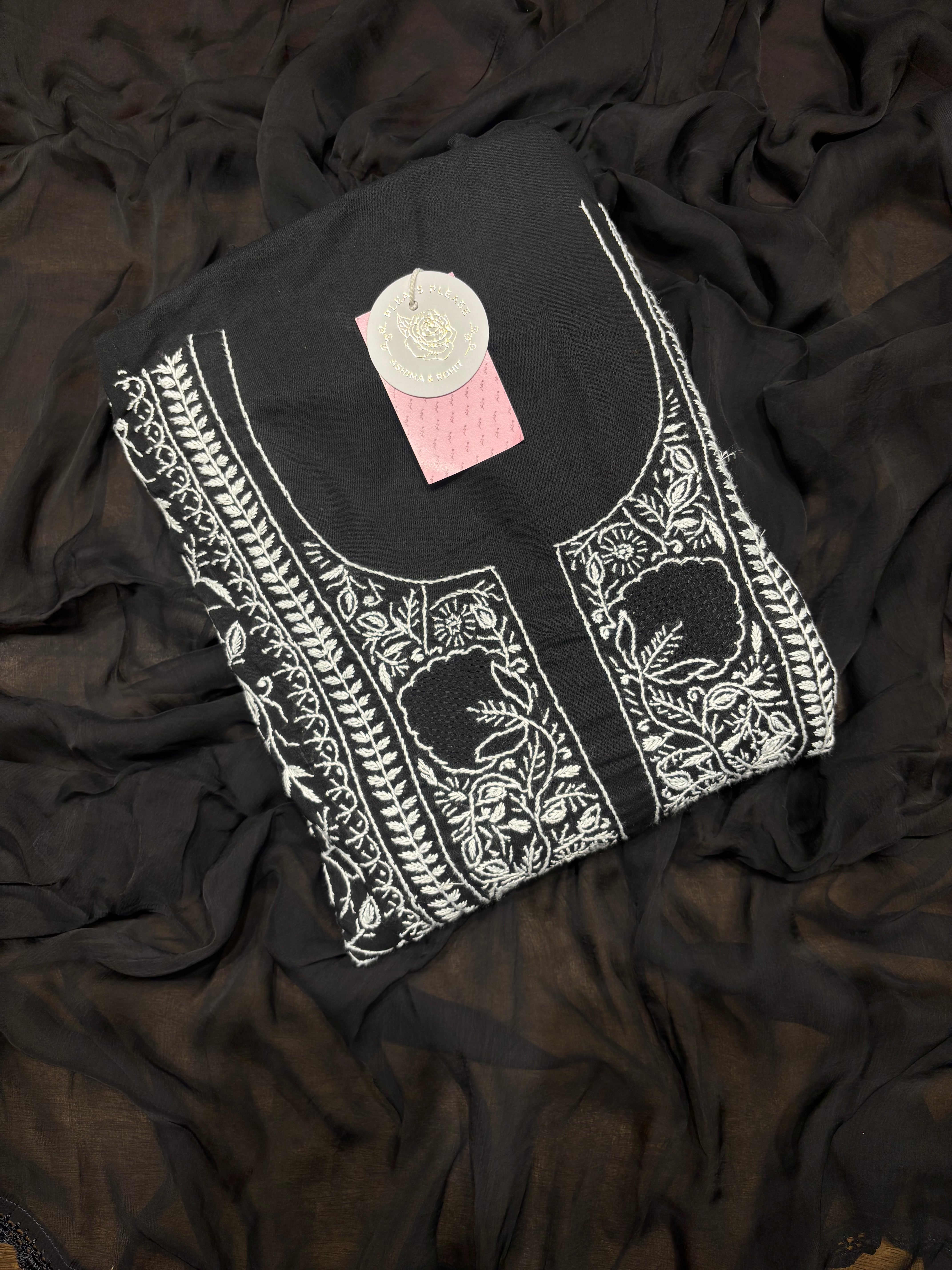 Black Mul Chikankari Kurta Dupatta Bottom Set