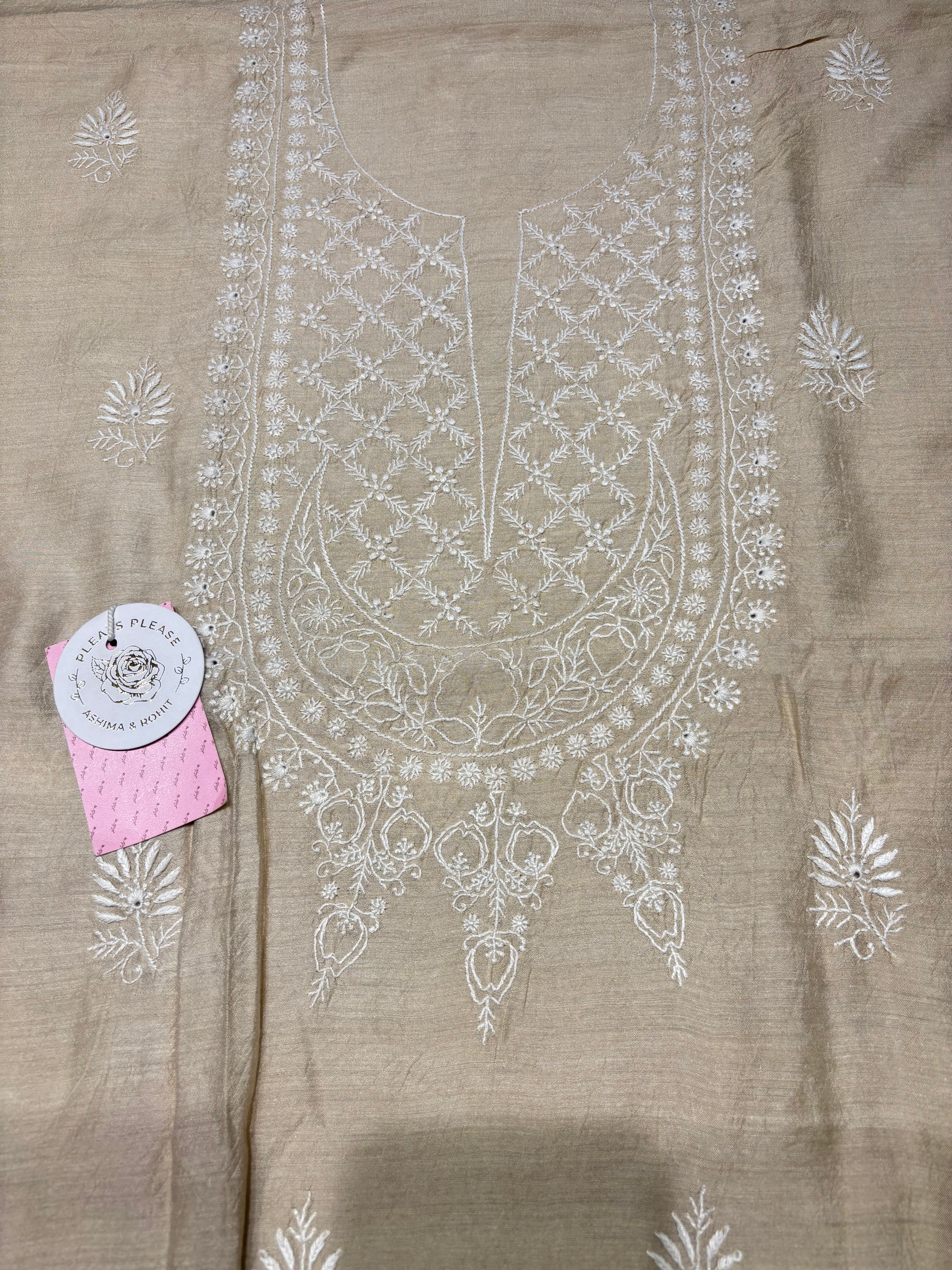 Dyeable Pure Munga Silk Chikankari Kurta & Dupatta - Pleats PleaseChikankari