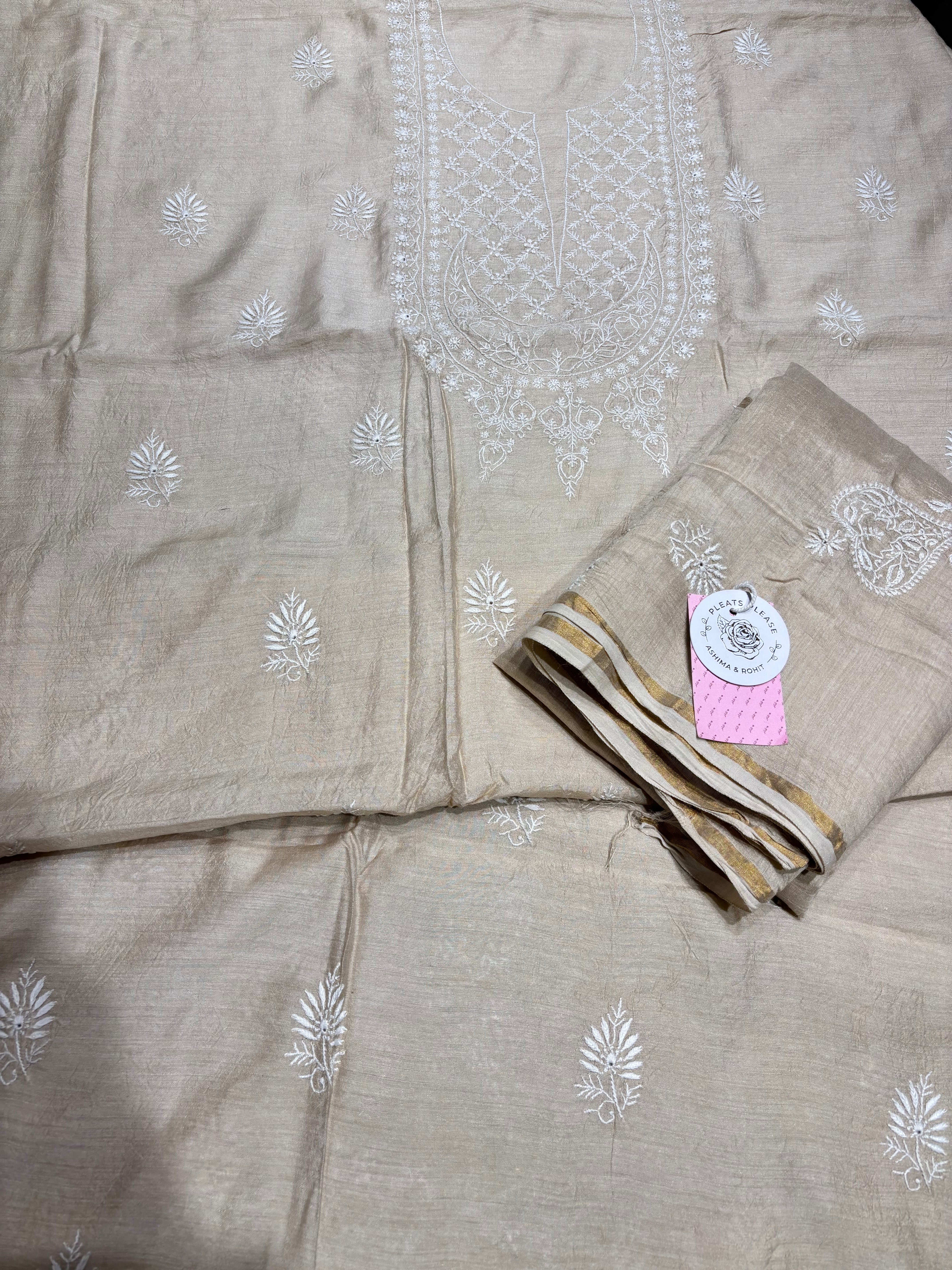 Dyeable Pure Munga Silk Chikankari Kurta & Dupatta - Pleats PleaseChikankari