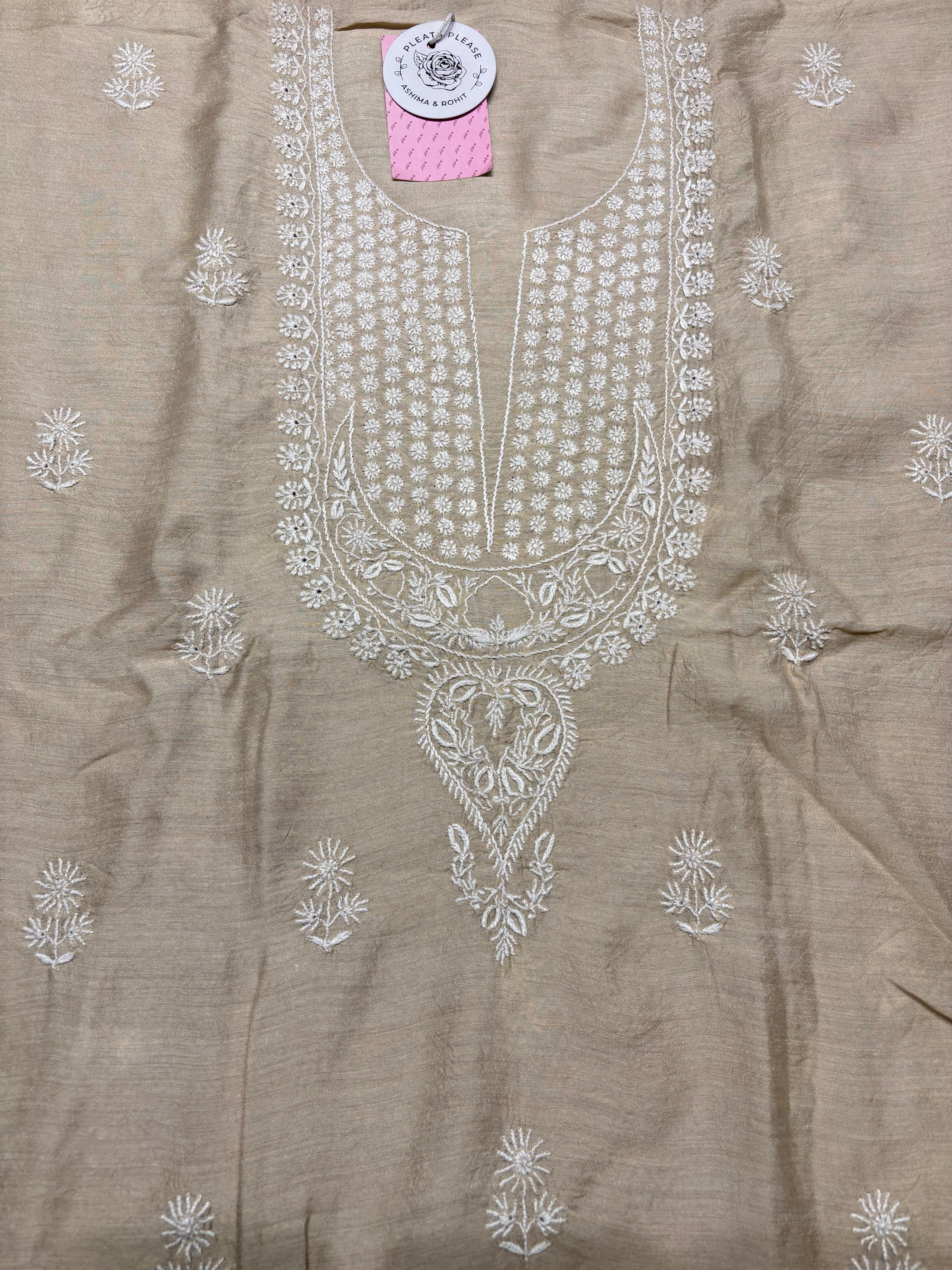 Dyeable Pure Munga Silk Chikankari Kurta & Dupatta - Pleats PleaseChikankari