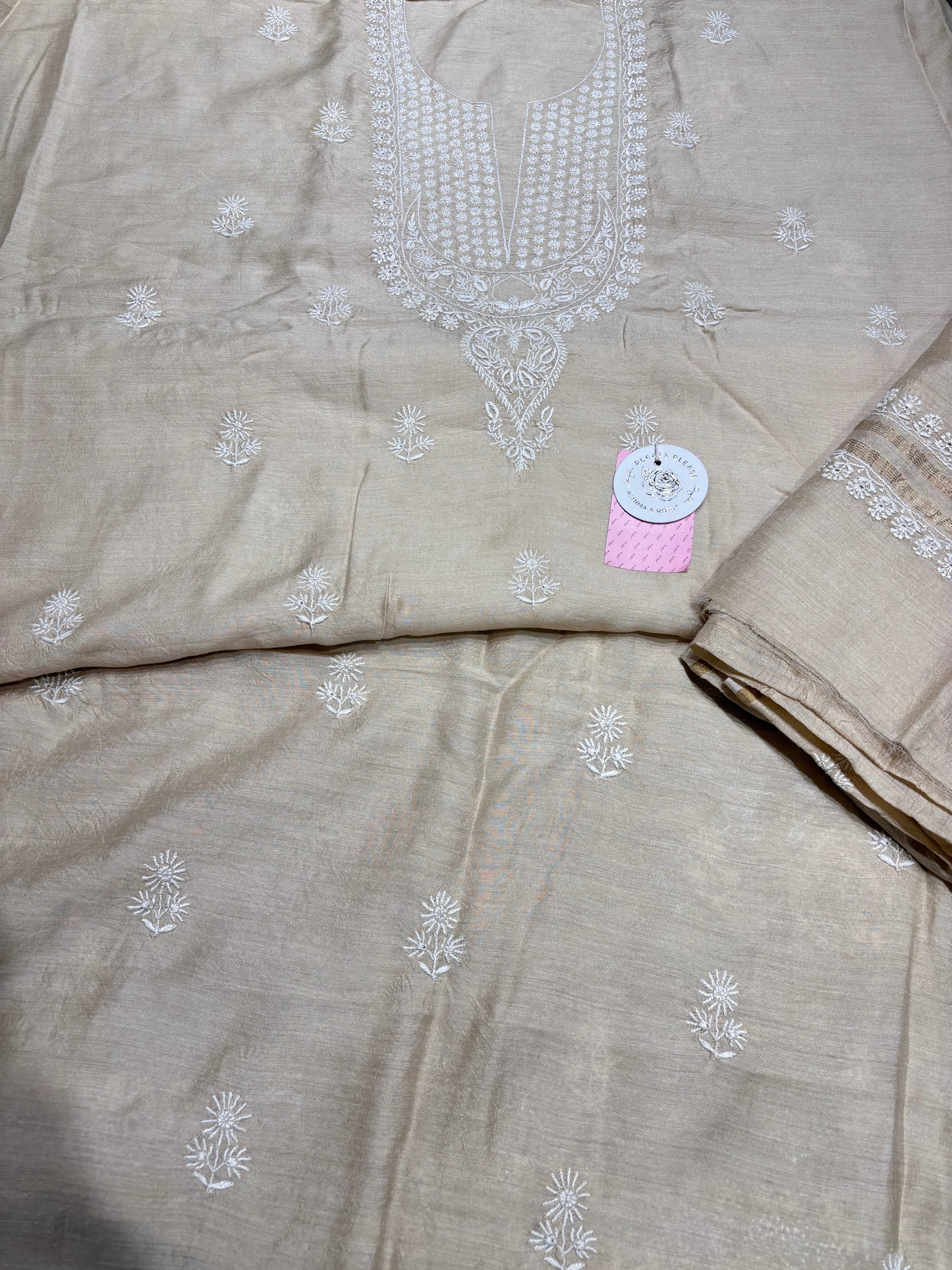 Dyeable Pure Munga Silk Chikankari Kurta & Dupatta - Pleats PleaseChikankari