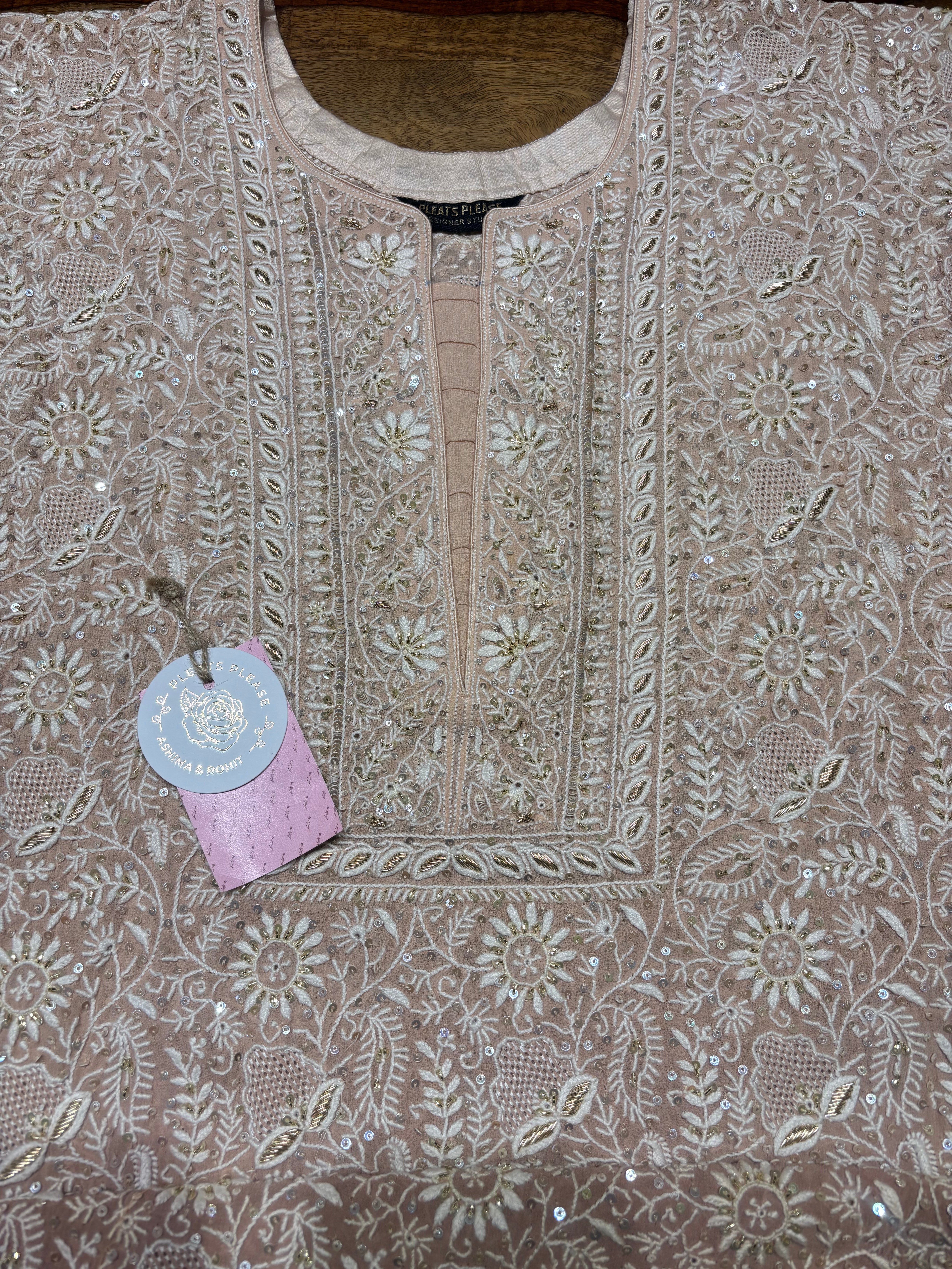 Dusty Rose Ombre Pure & Premium Georgette Kurta & Dupatta - Pleats PleaseChikankari
