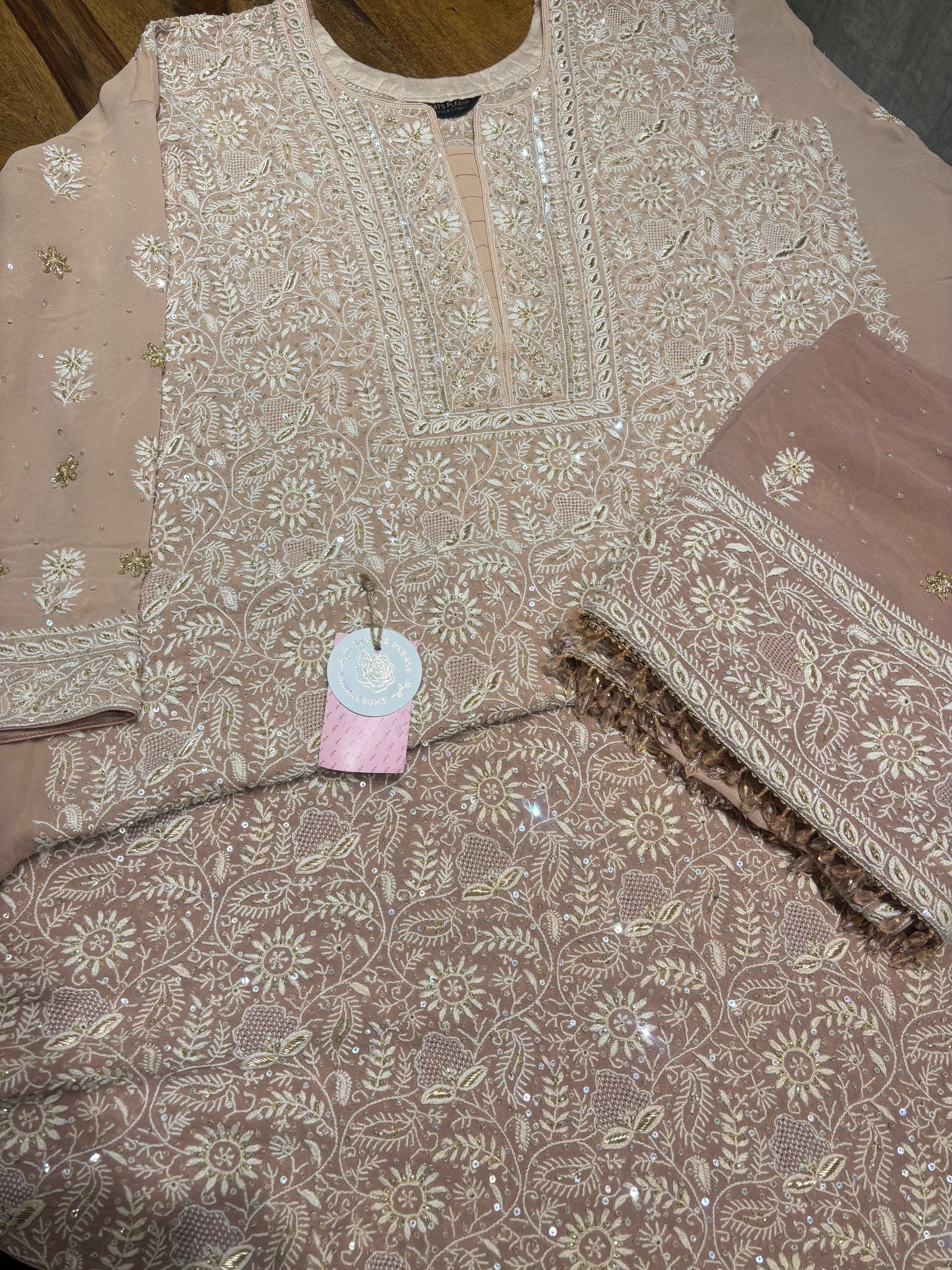 Dusty Rose Ombre Pure & Premium Georgette Kurta & Dupatta - Pleats PleaseChikankari