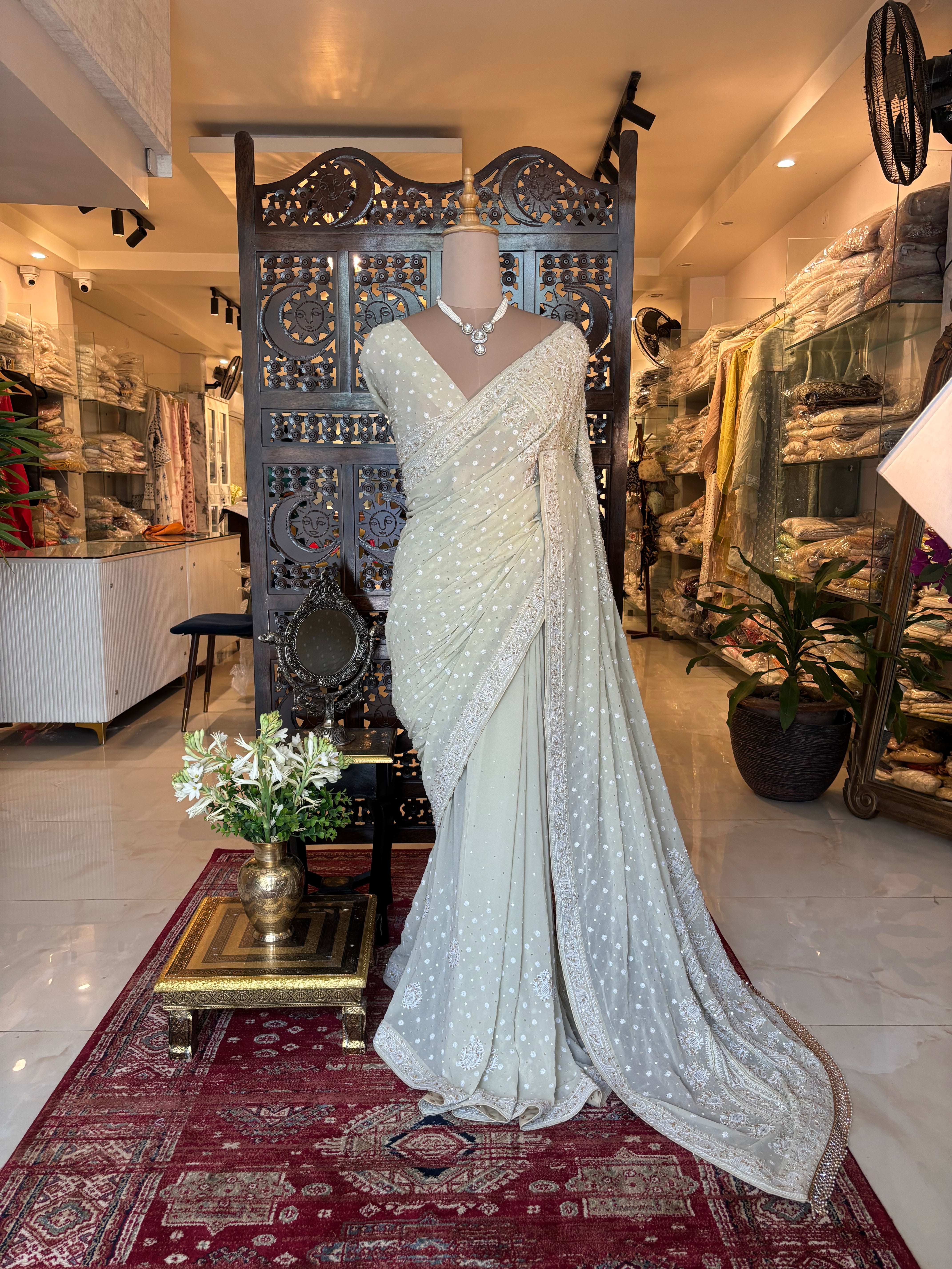 Cardamom Green Pure & Premium Georgette Chikankari Saree & Blouse