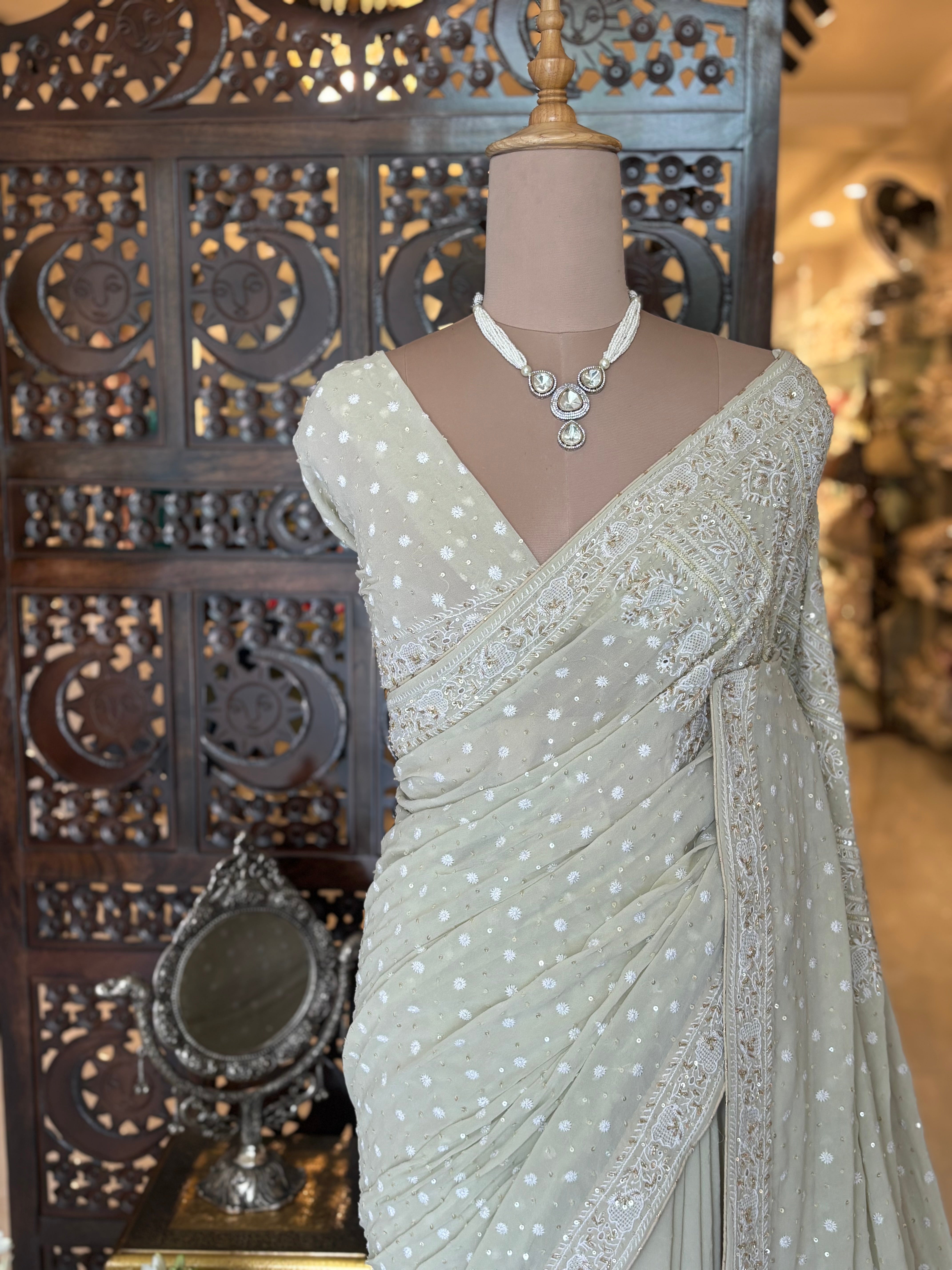 Cardamom Green Pure & Premium Georgette Chikankari Saree & Blouse