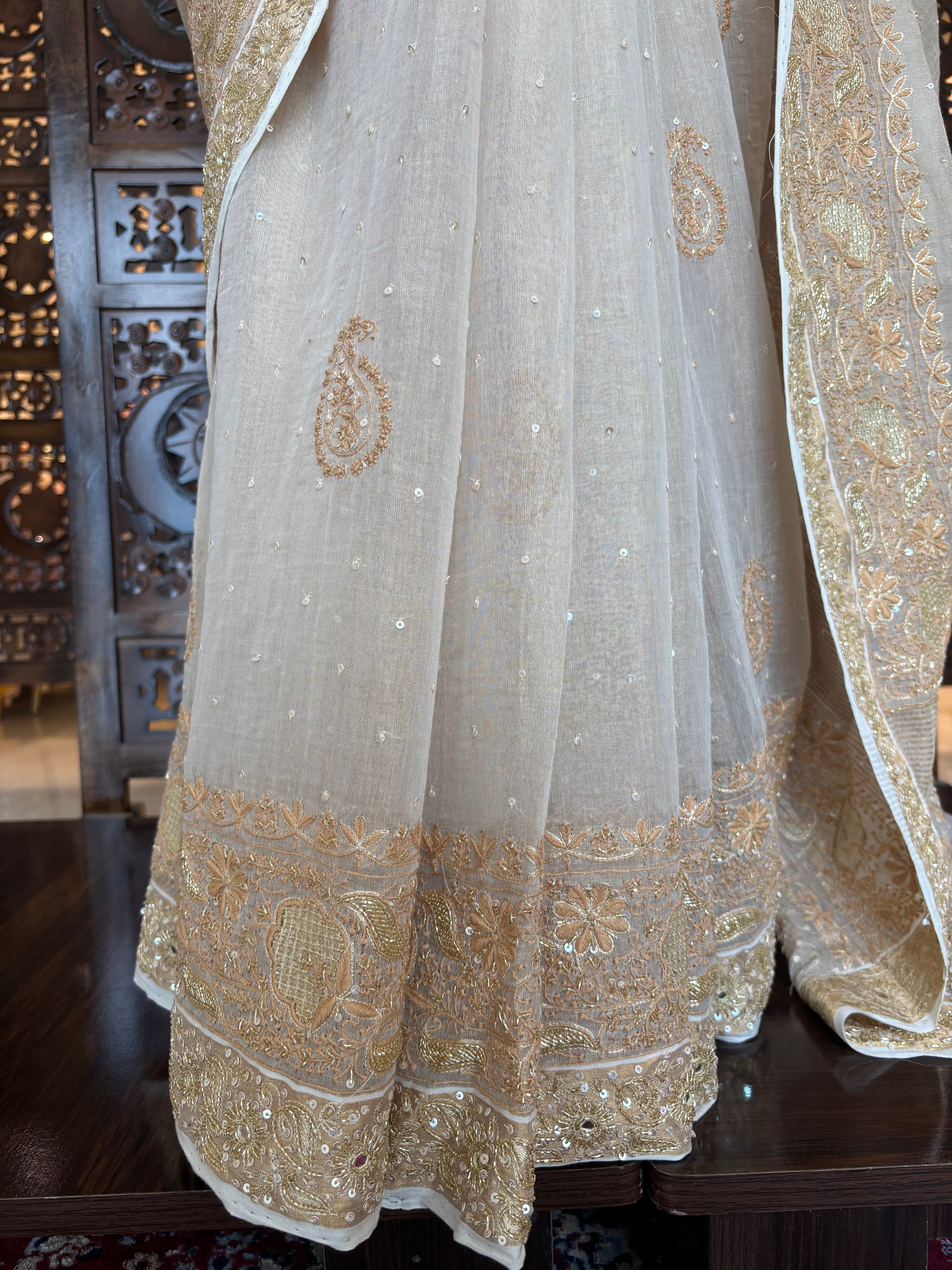 Dyeable Gold Tissue Chikankari Saree