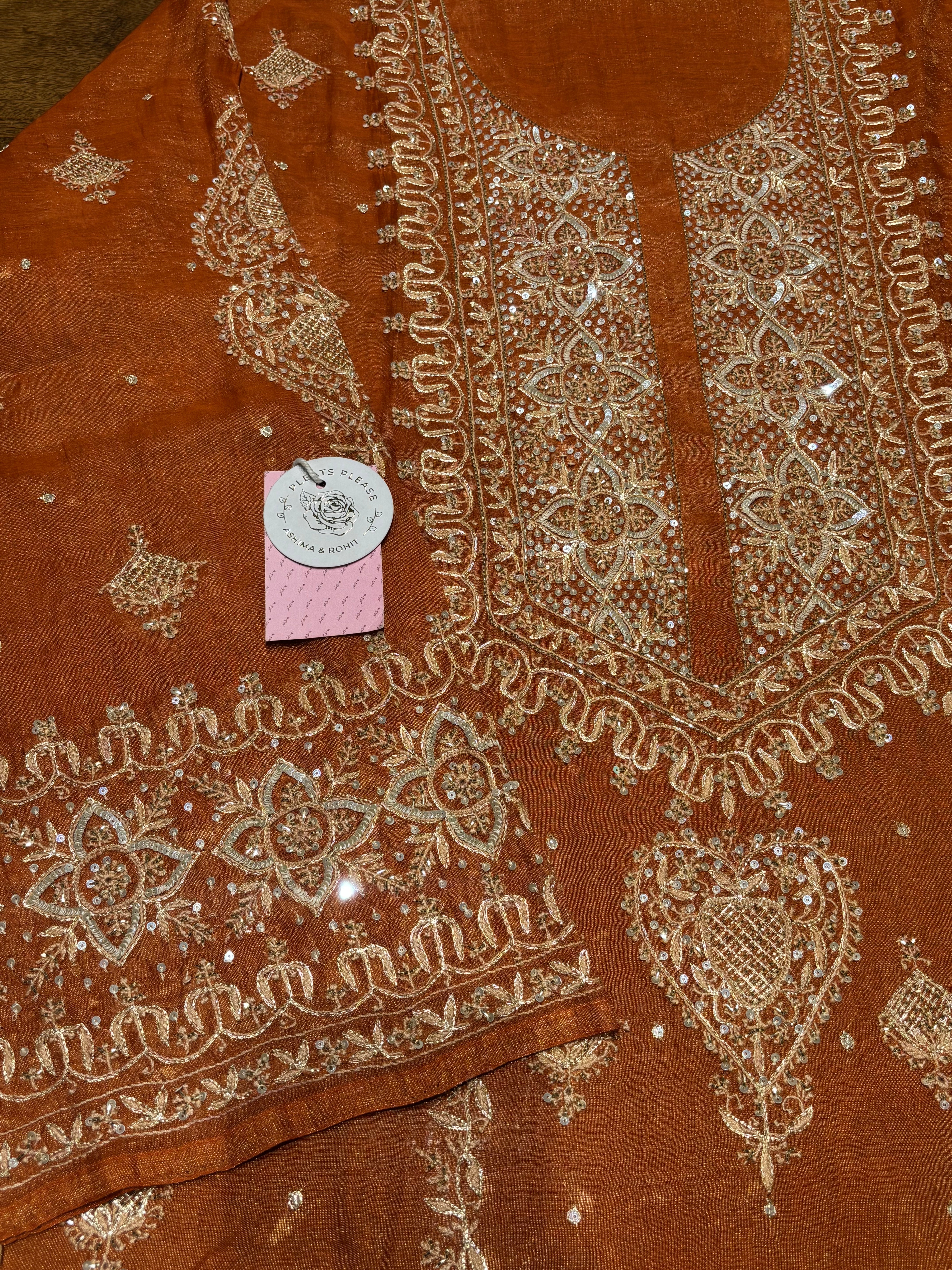 Burnt Orange Pure Tissue Chikankari Kurta & Dupatta