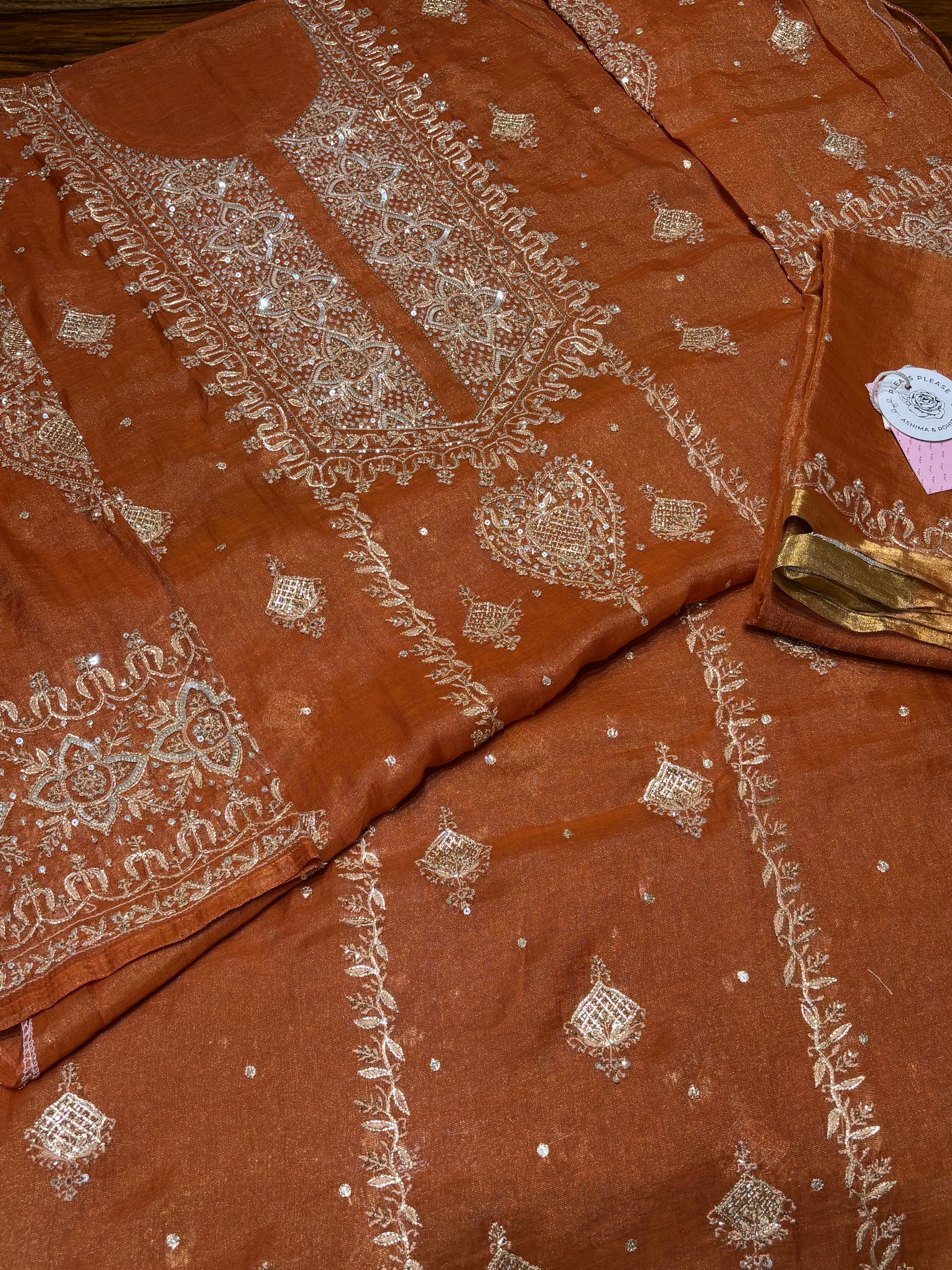 Burnt Orange Pure Tissue Chikankari Kurta & Dupatta