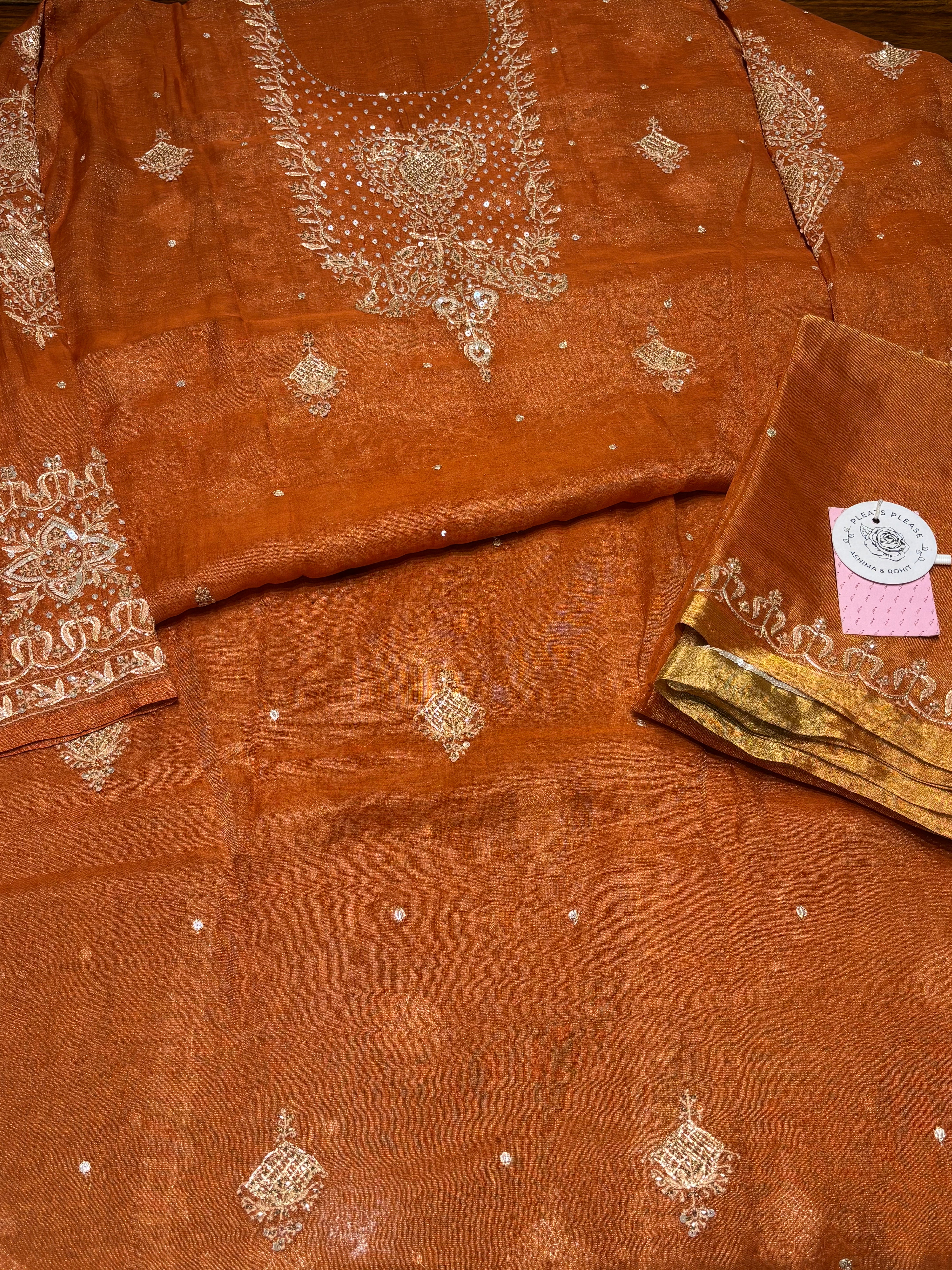 Burnt Orange Pure Tissue Chikankari Kurta & Dupatta