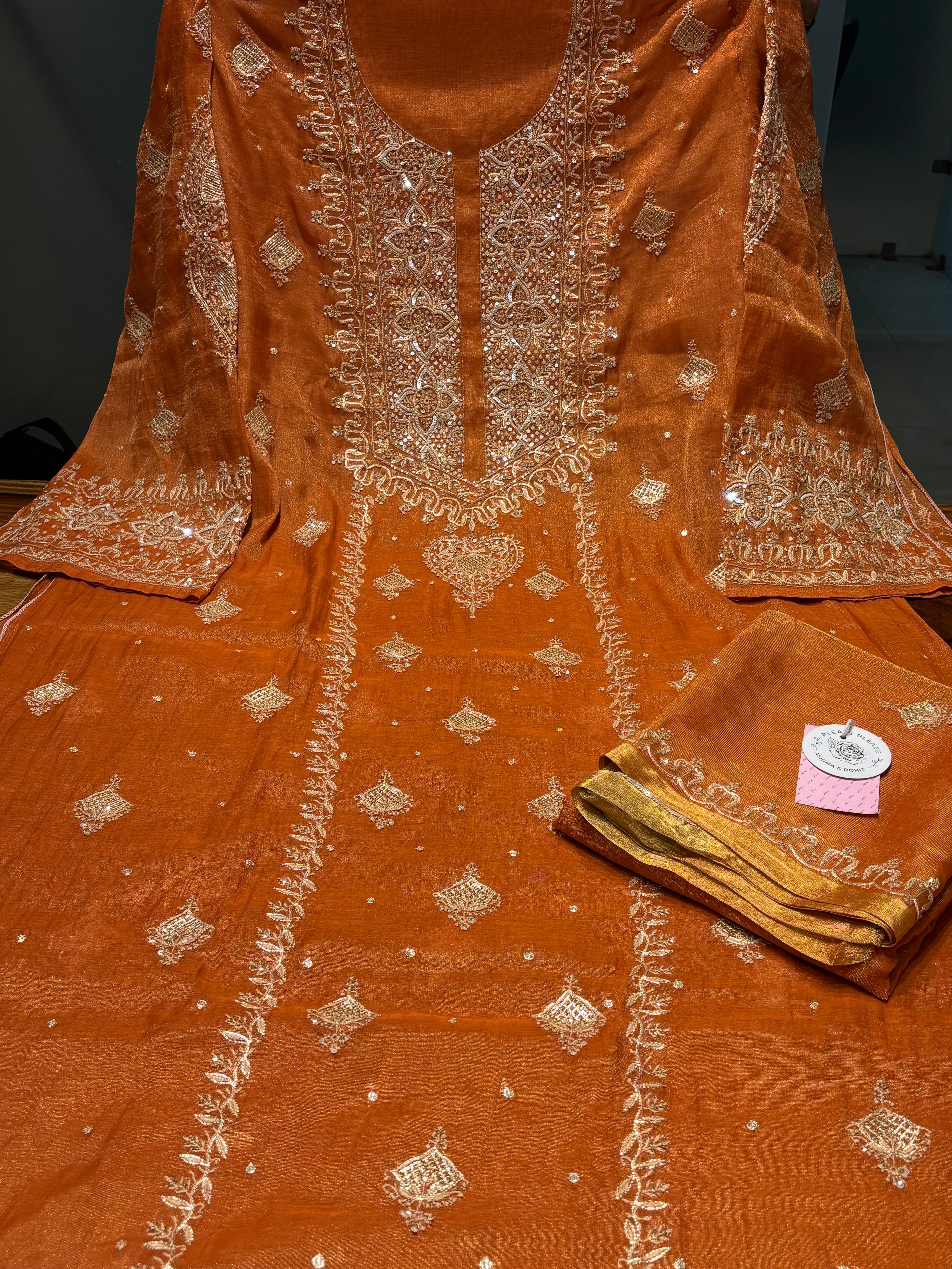 Burnt Orange Pure Tissue Chikankari Kurta & Dupatta