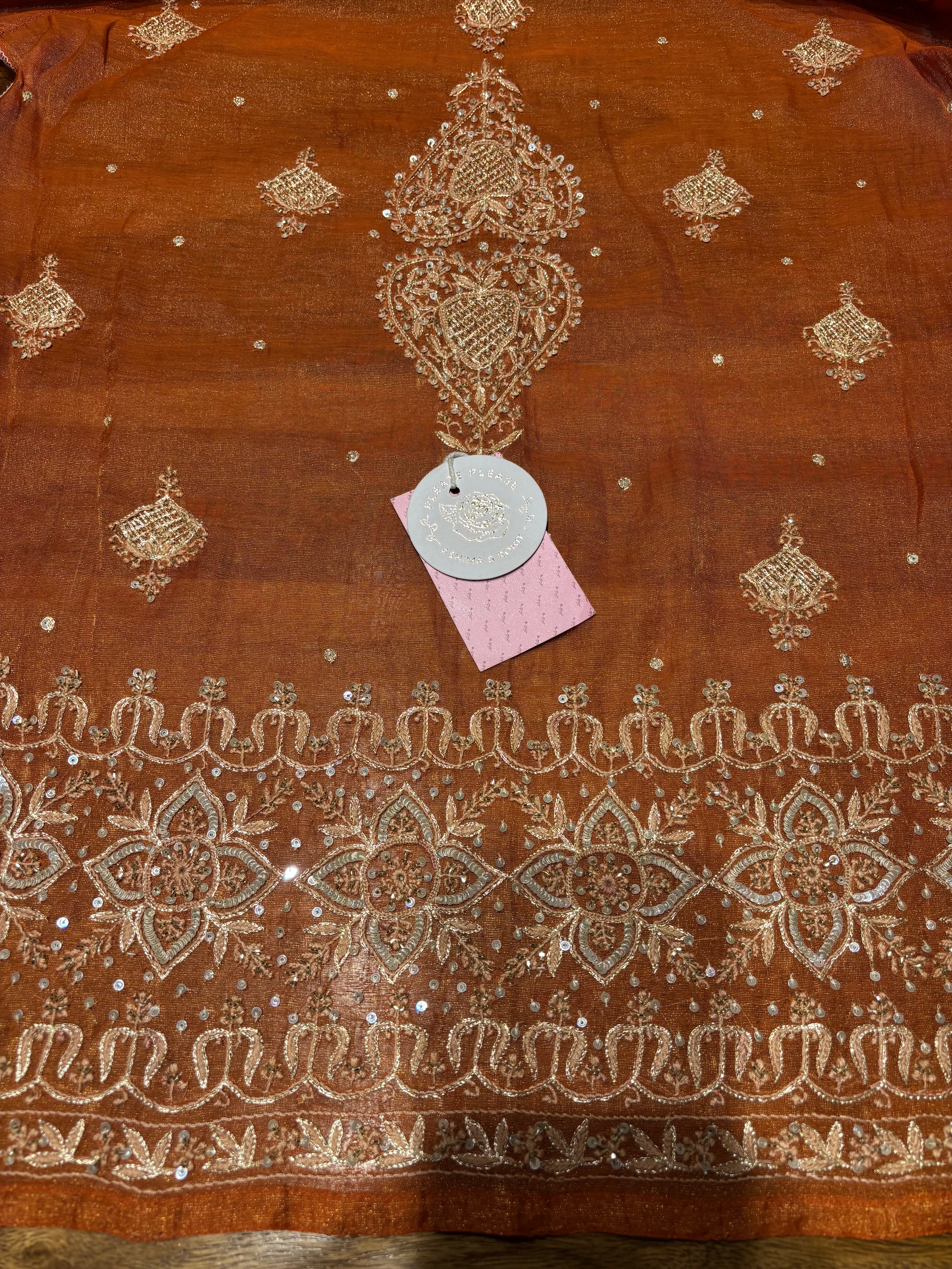 Burnt Orange Pure Tissue Chikankari Kurta & Dupatta