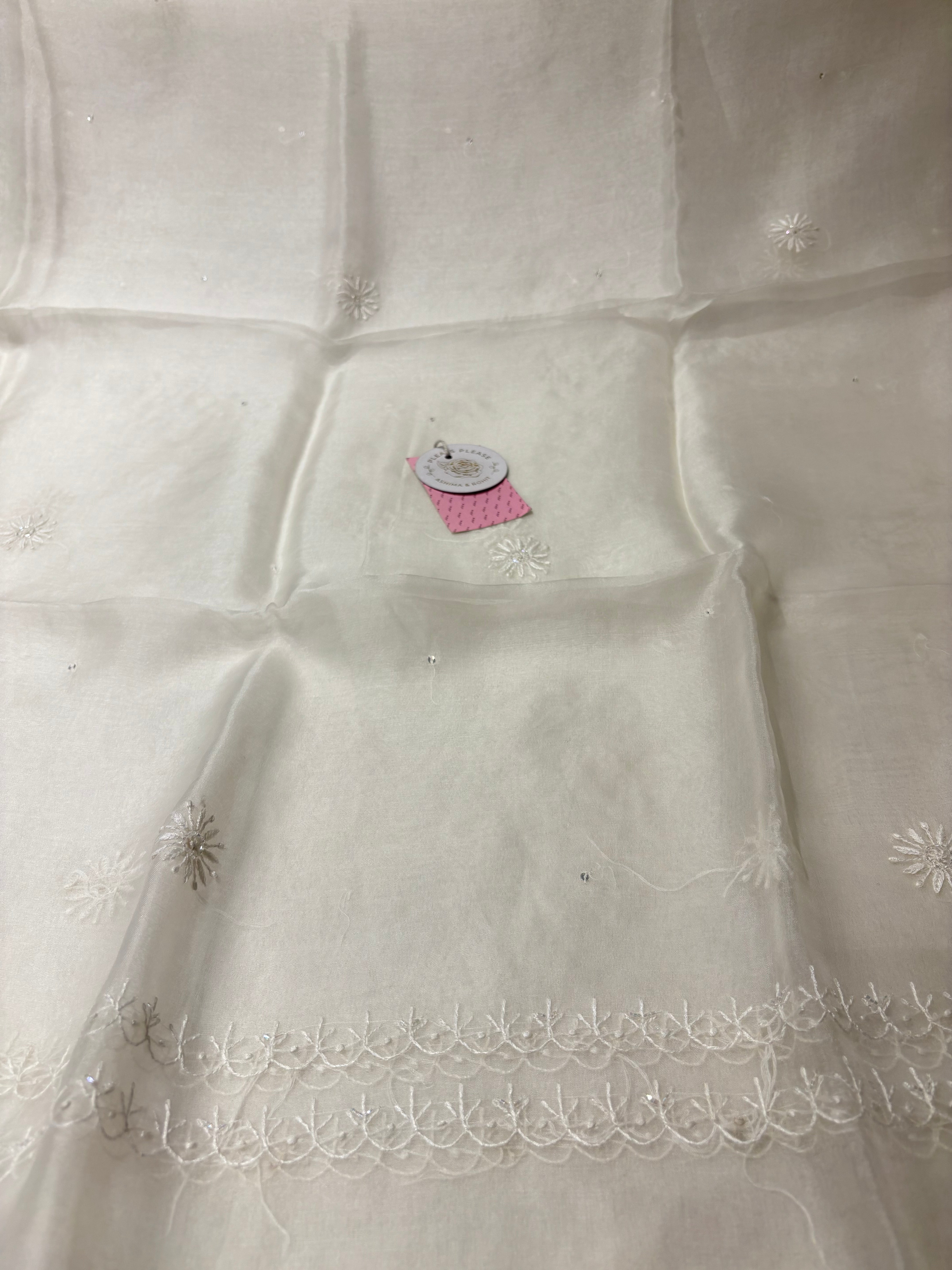 Dyeable White Pure Organza Silk Kurta & Dupatta - Pleats PleaseChikankari
