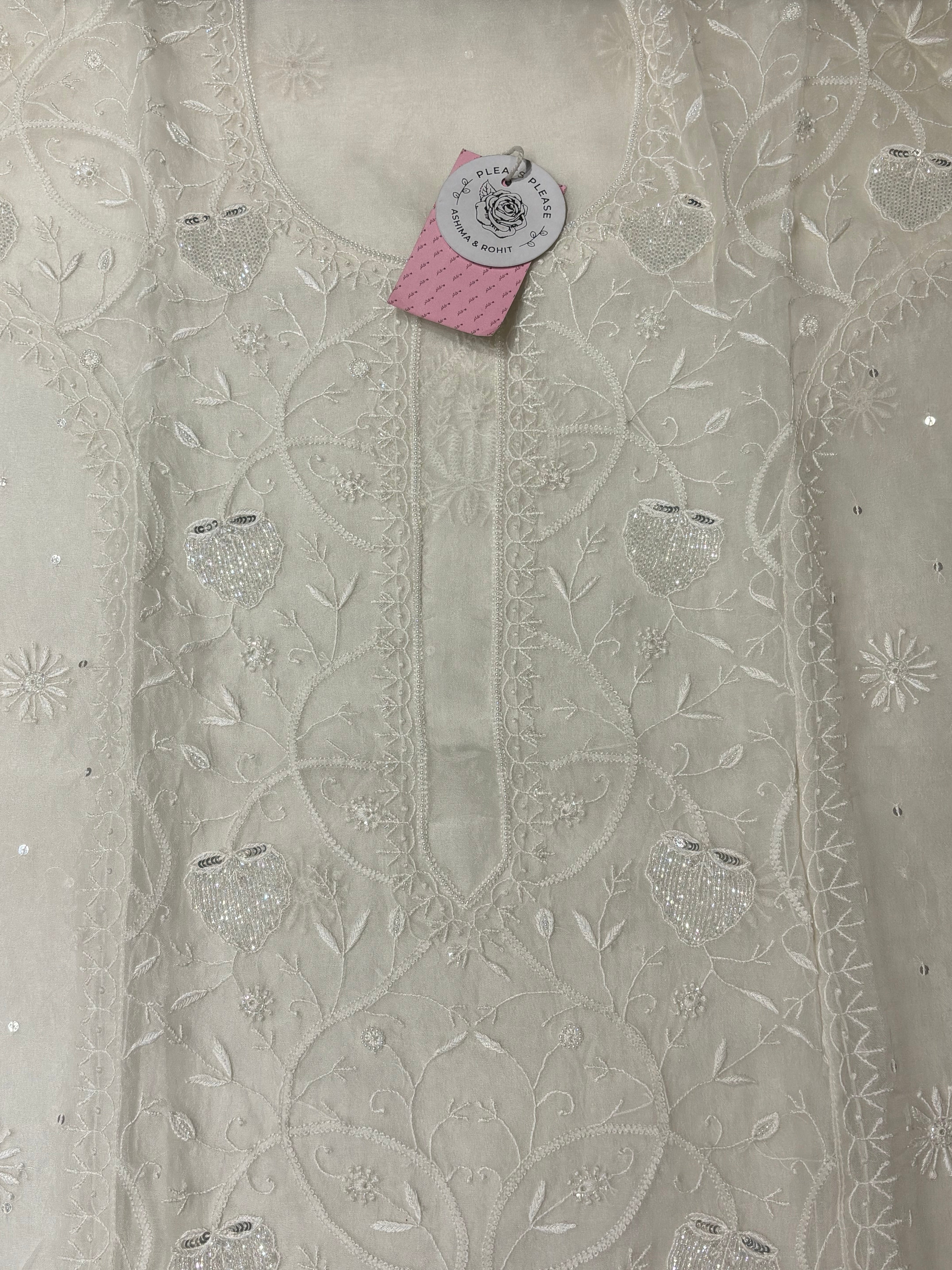 Dyeable White Pure Organza Silk Kurta & Dupatta - Pleats PleaseChikankari