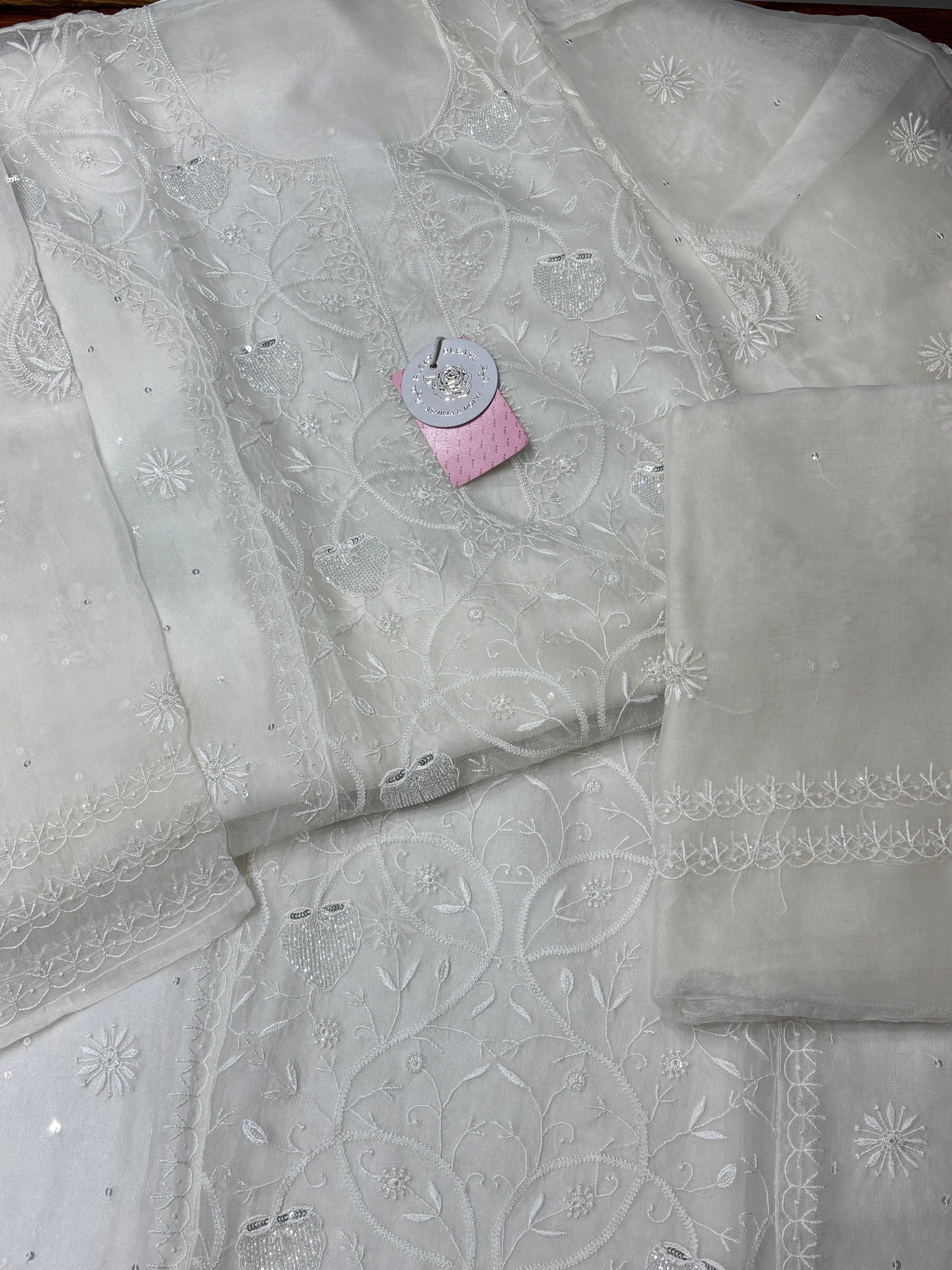 Dyeable White Pure Organza Silk Kurta & Dupatta - Pleats PleaseChikankari