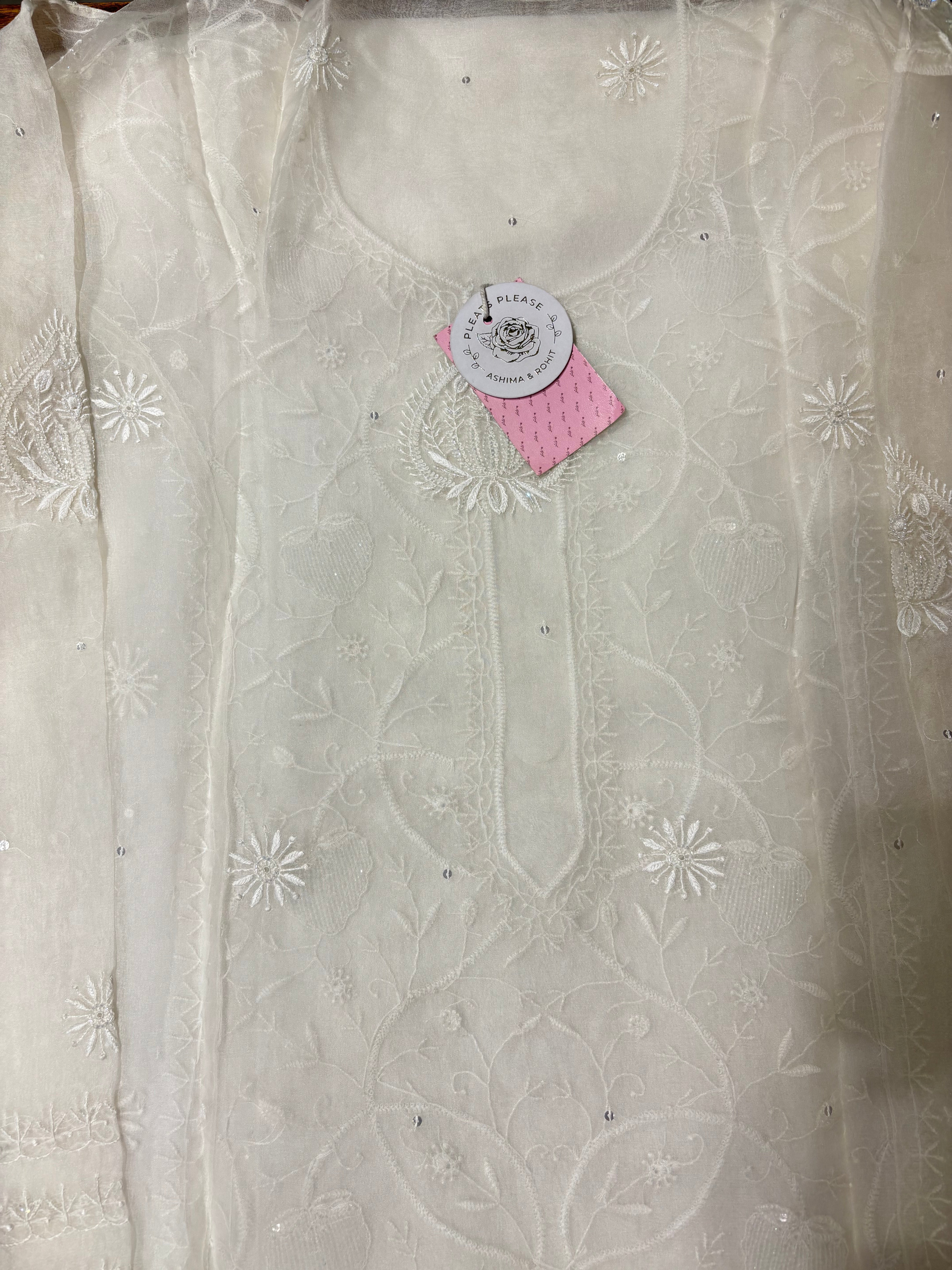 Dyeable White Pure Organza Silk Kurta & Dupatta - Pleats PleaseChikankari