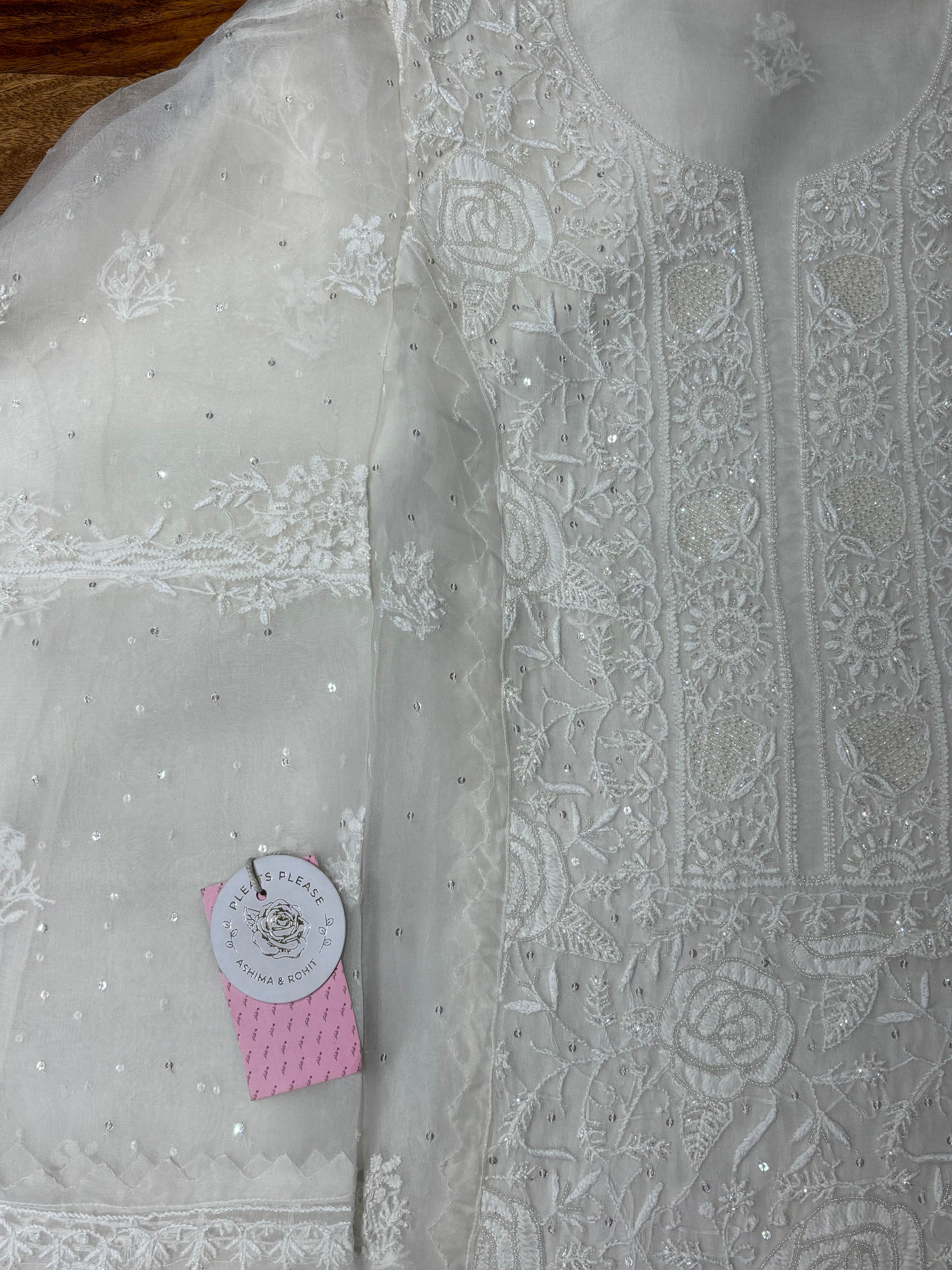 Dyeable White Pure Organza Silk Kurta - Pleats PleaseChikankari