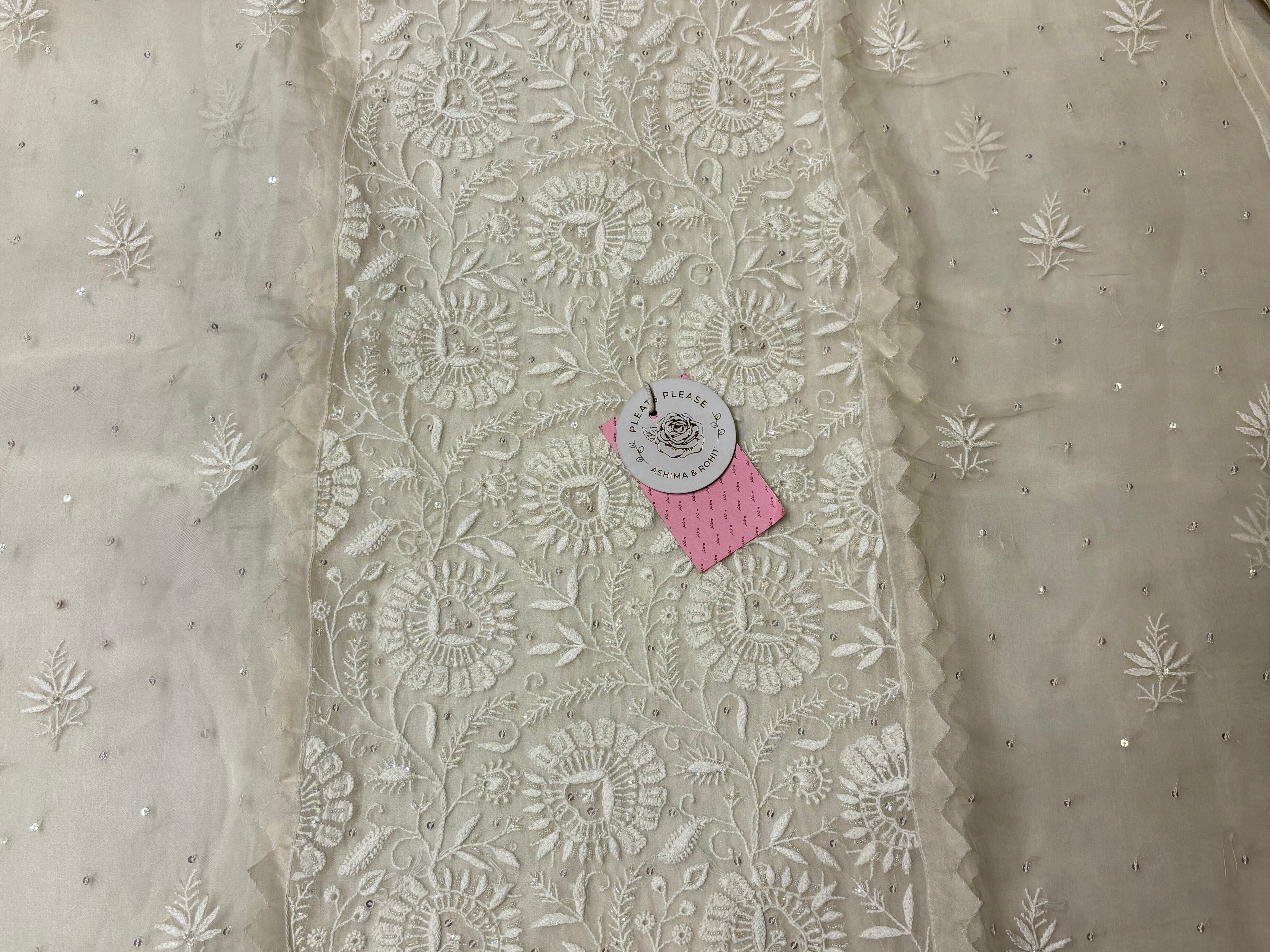 Dyeable White Pure Organza Silk Kurta & Dupatta - Pleats PleaseChikankari