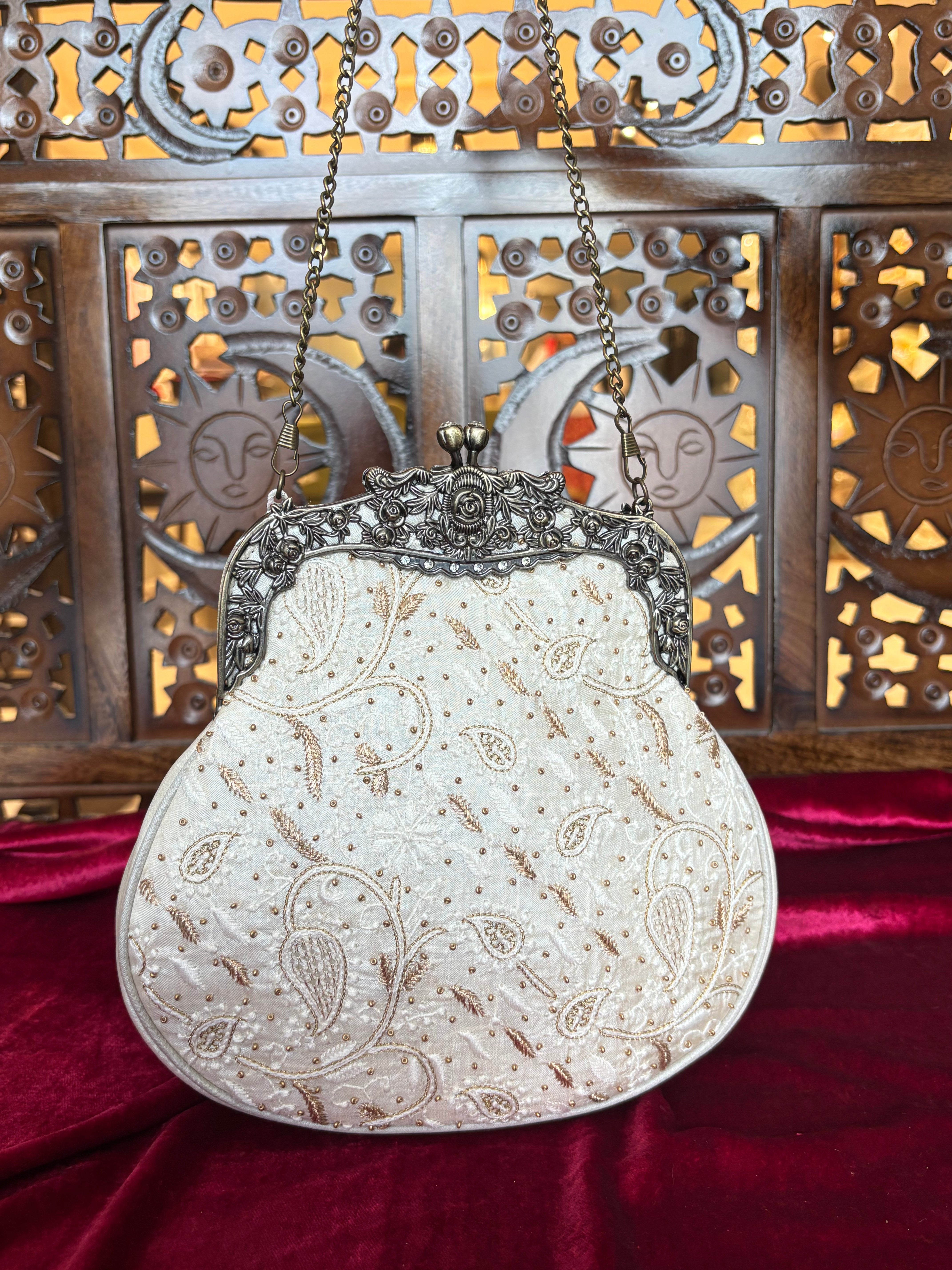 Ivory Chikankari Clutch Bag