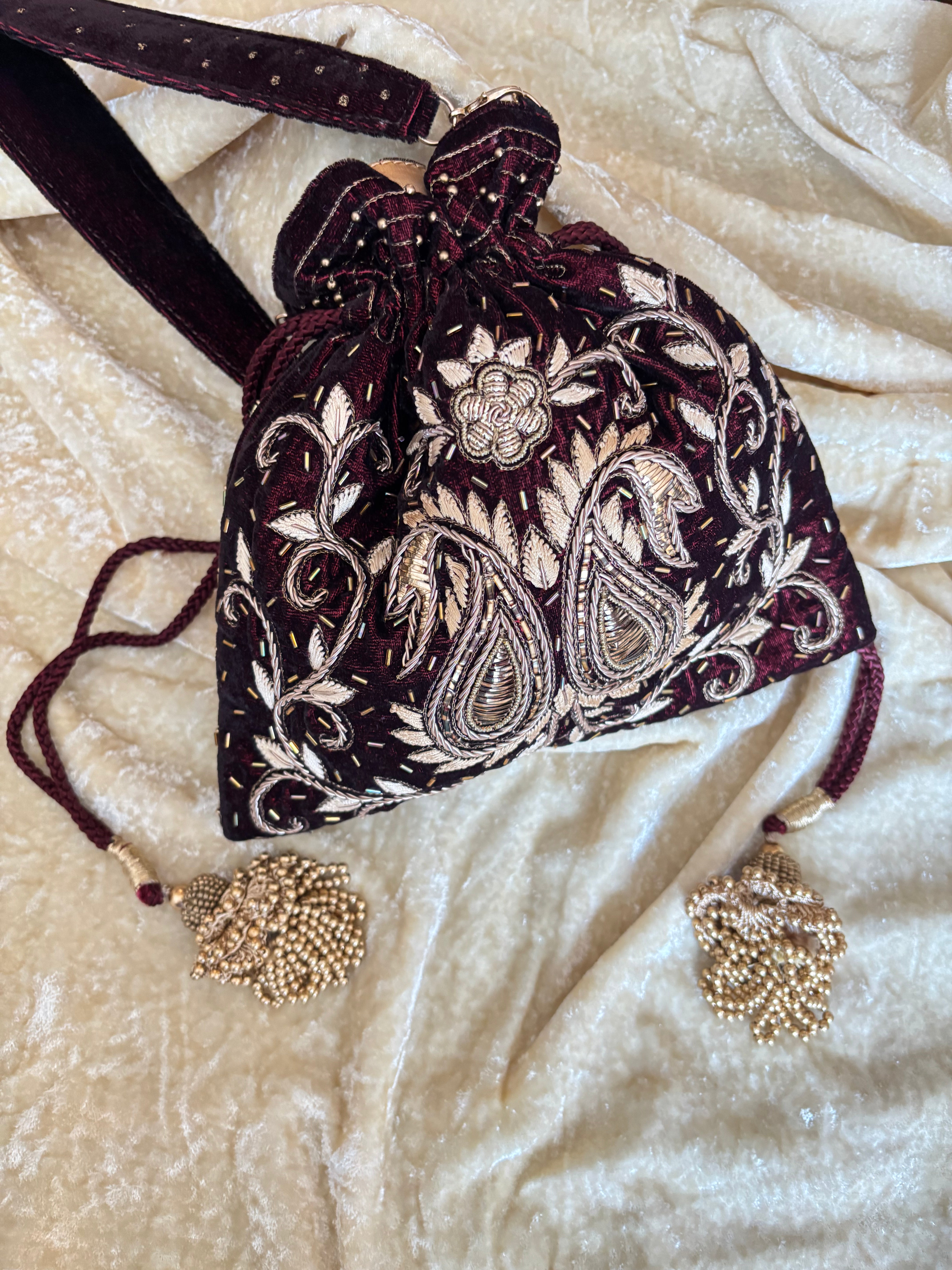 Maroon Velvet Zardozi & Mukaish Potli