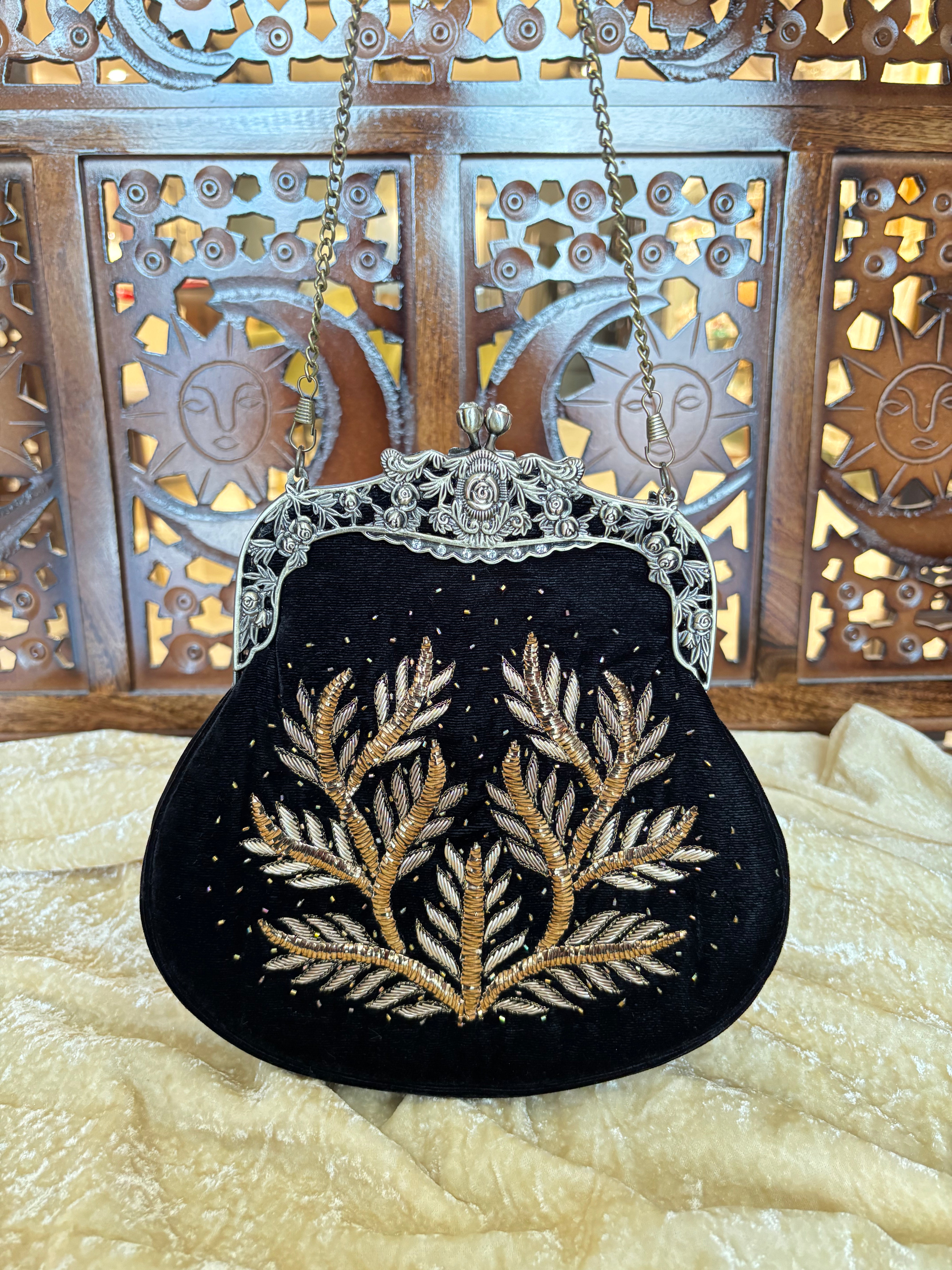 Black Velvet Zardozi & Mukaish Clutch Bag