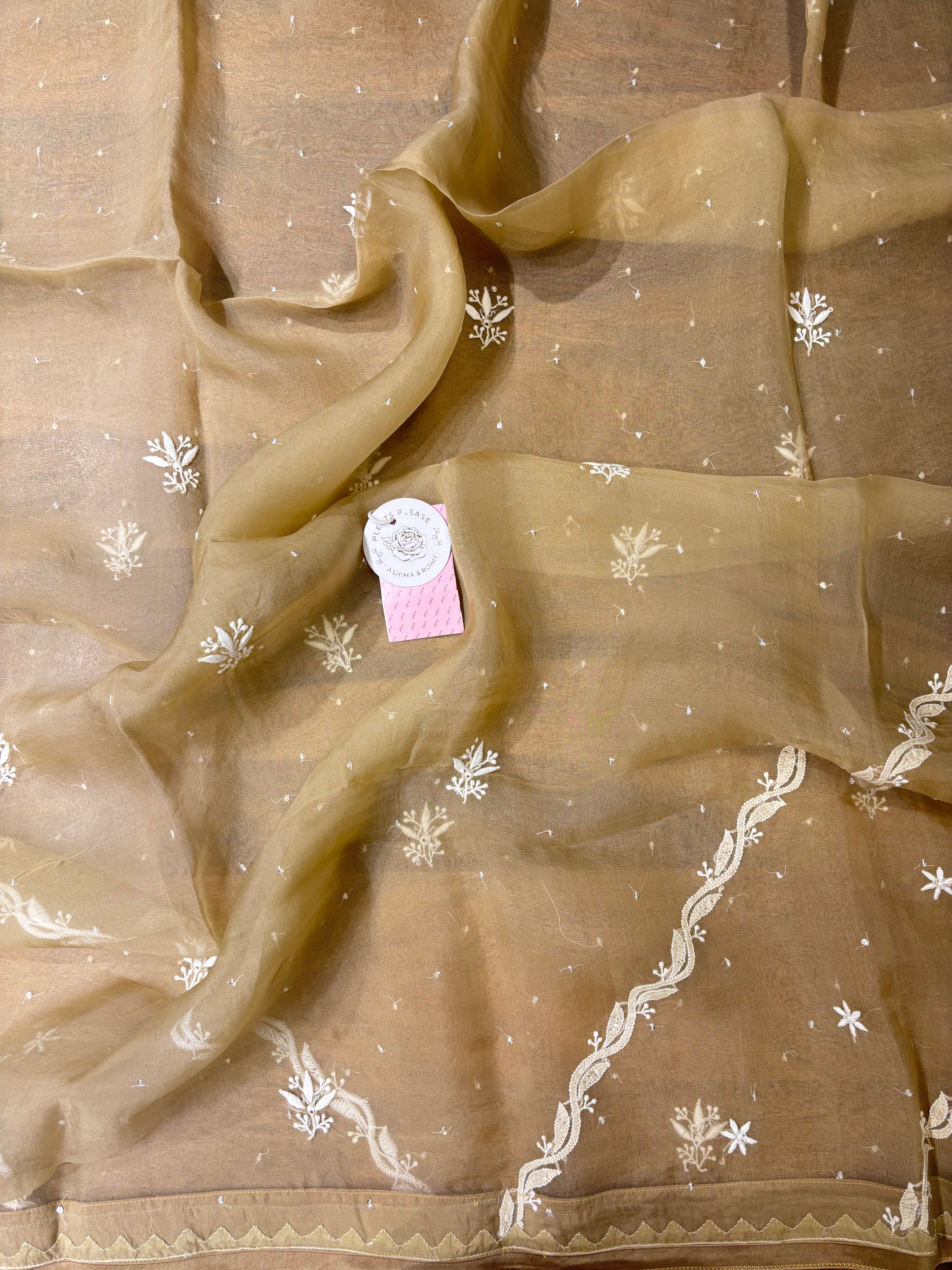 Golden Brown Pure Organza Silk Chikankari Kurta & Dupatta