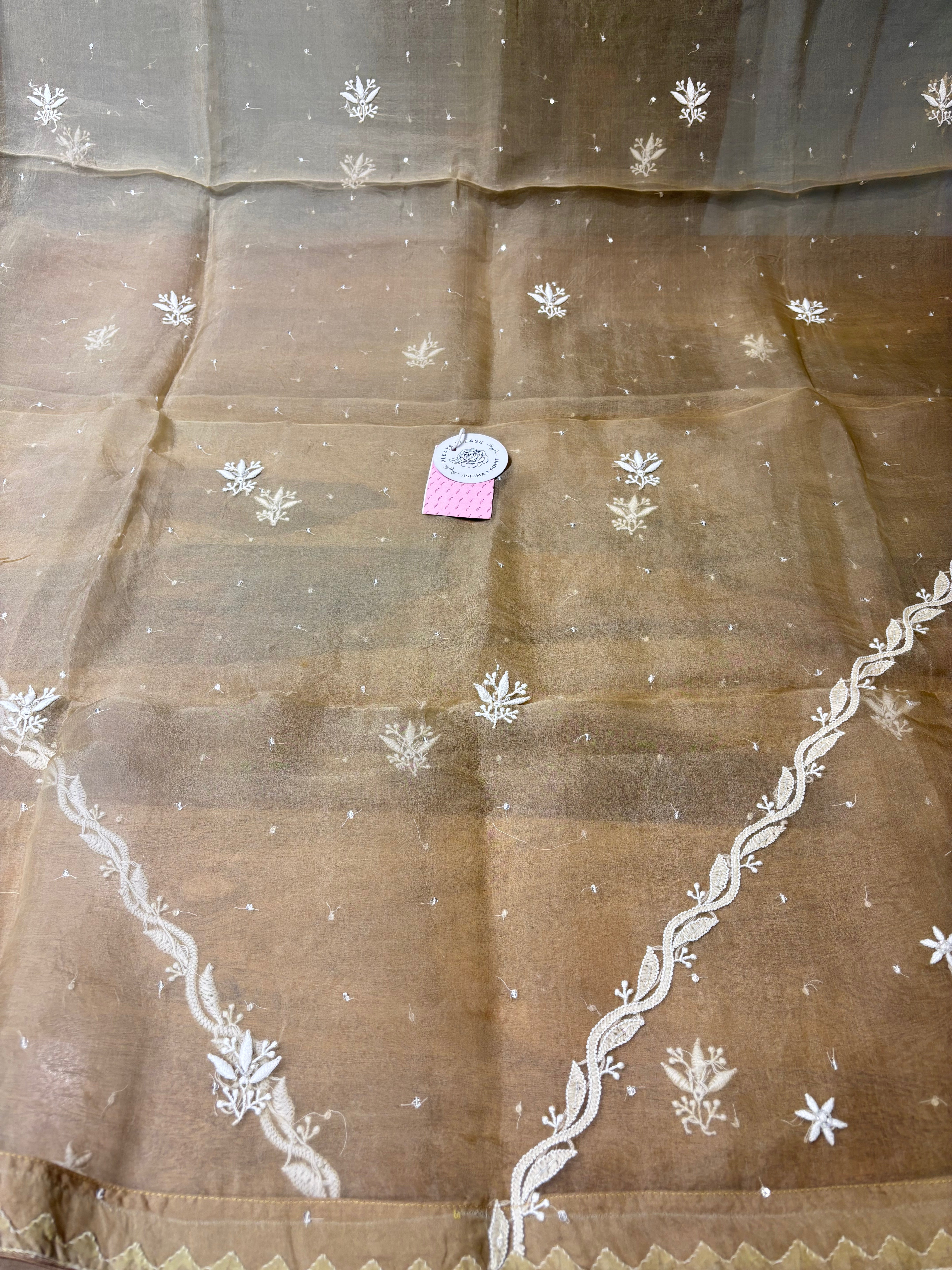 Golden Brown Pure Organza Silk Chikankari Kurta & Dupatta