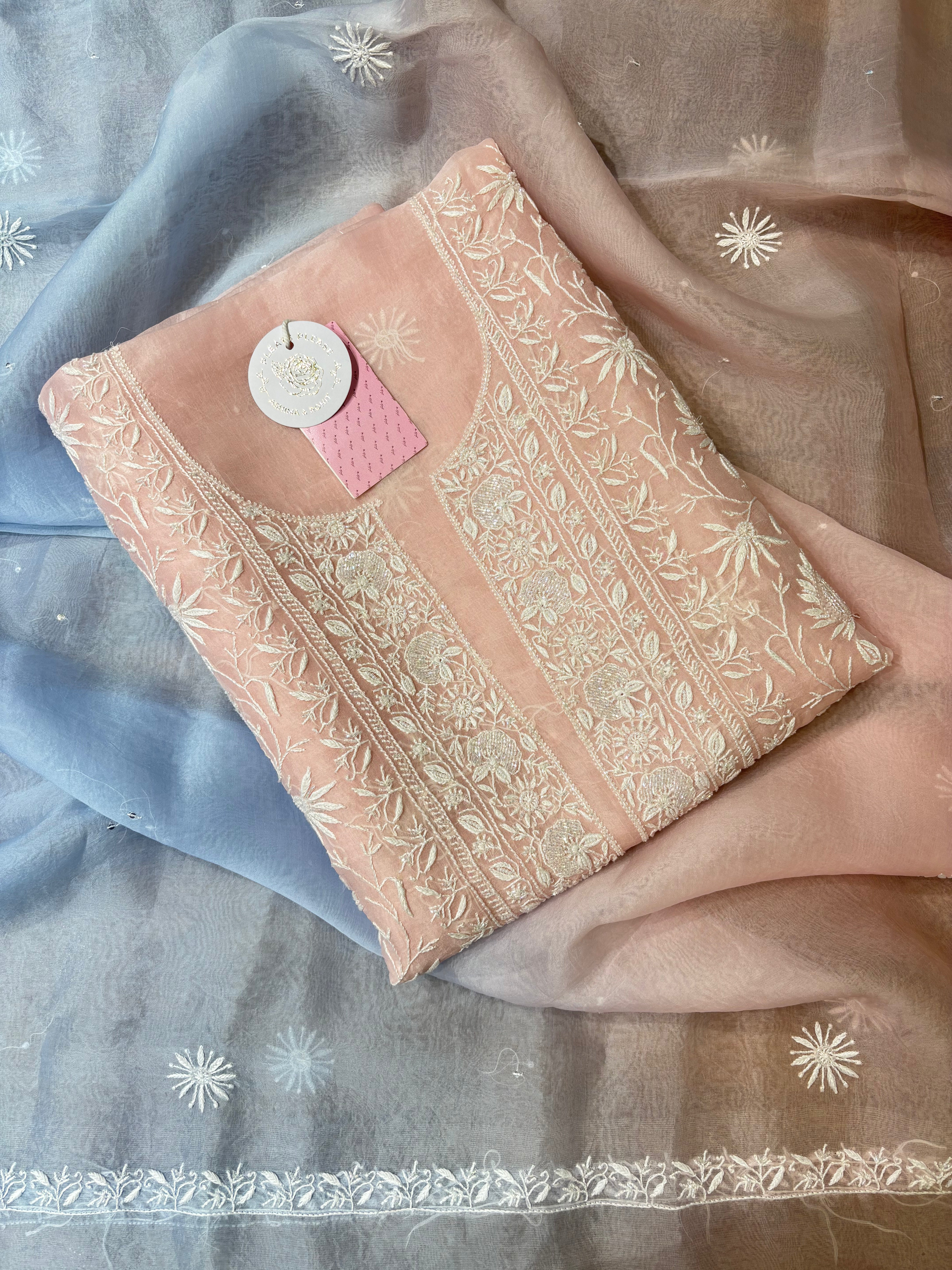 Blush Pink Pure Organza Silk Chikankari Kurta & Dupatta