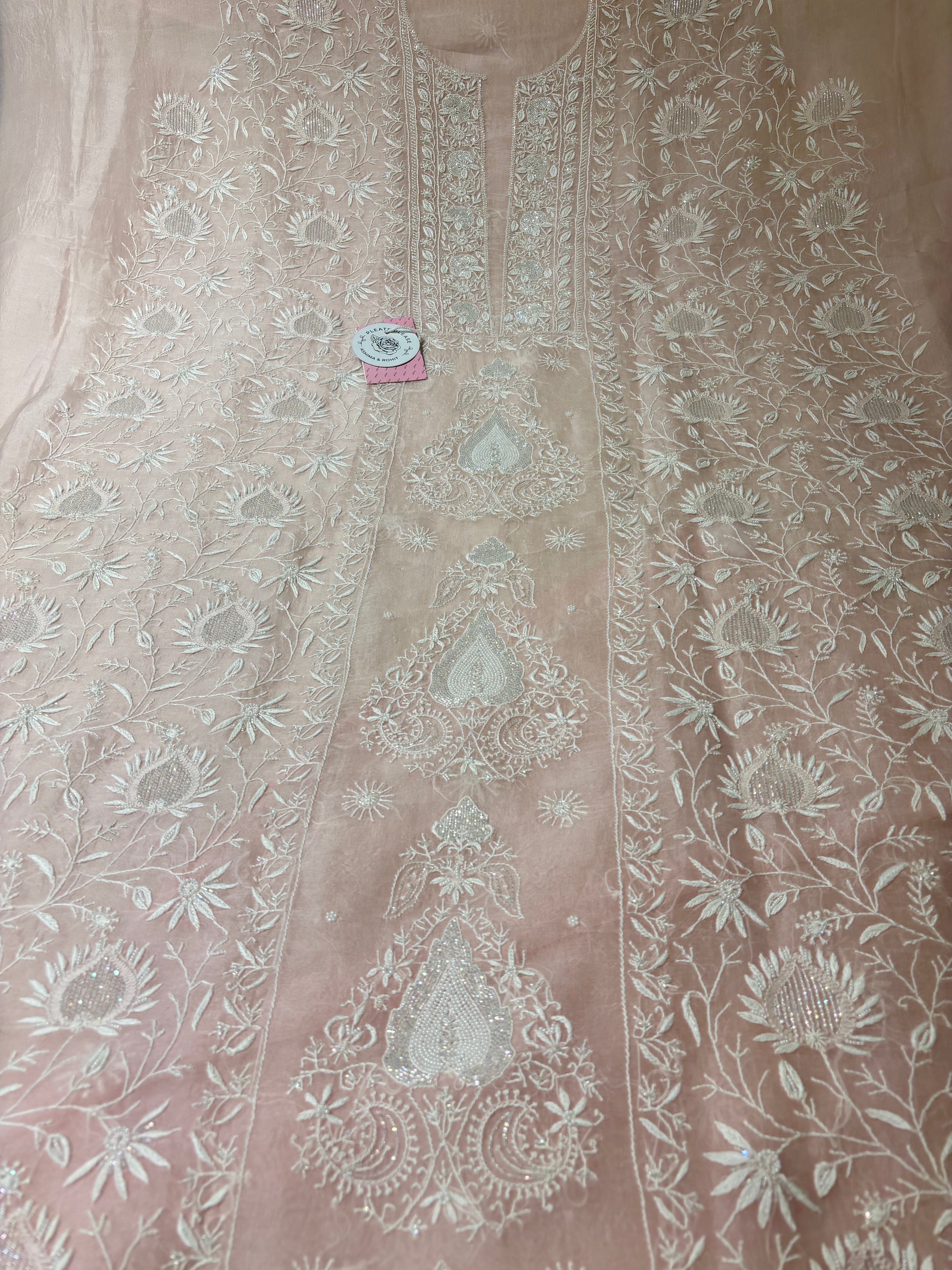 Blush Pink Pure Organza Silk Chikankari Kurta & Dupatta - Pleats PleaseChikankari