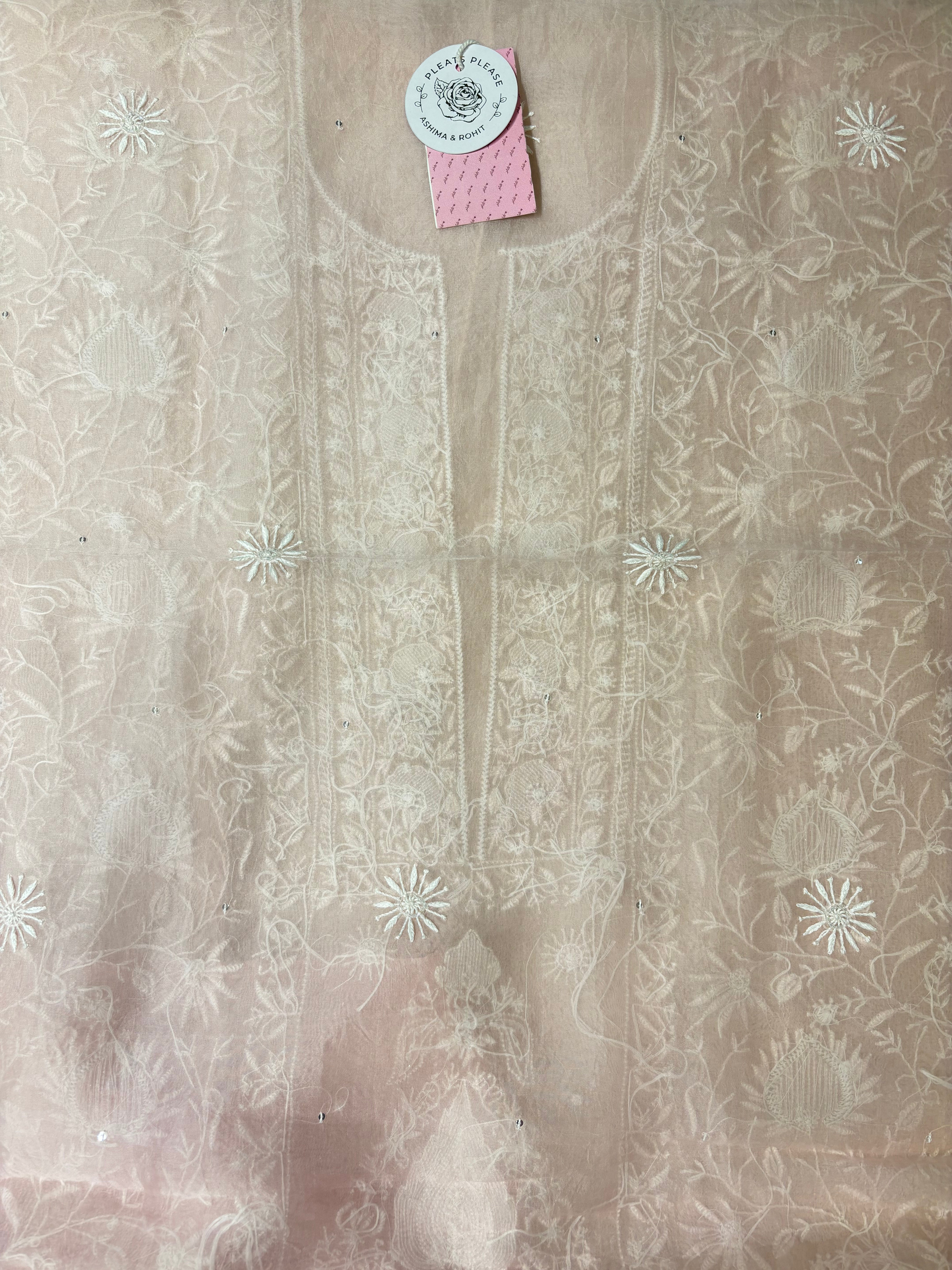 Blush Pink Pure Organza Silk Chikankari Kurta & Dupatta - Pleats PleaseChikankari