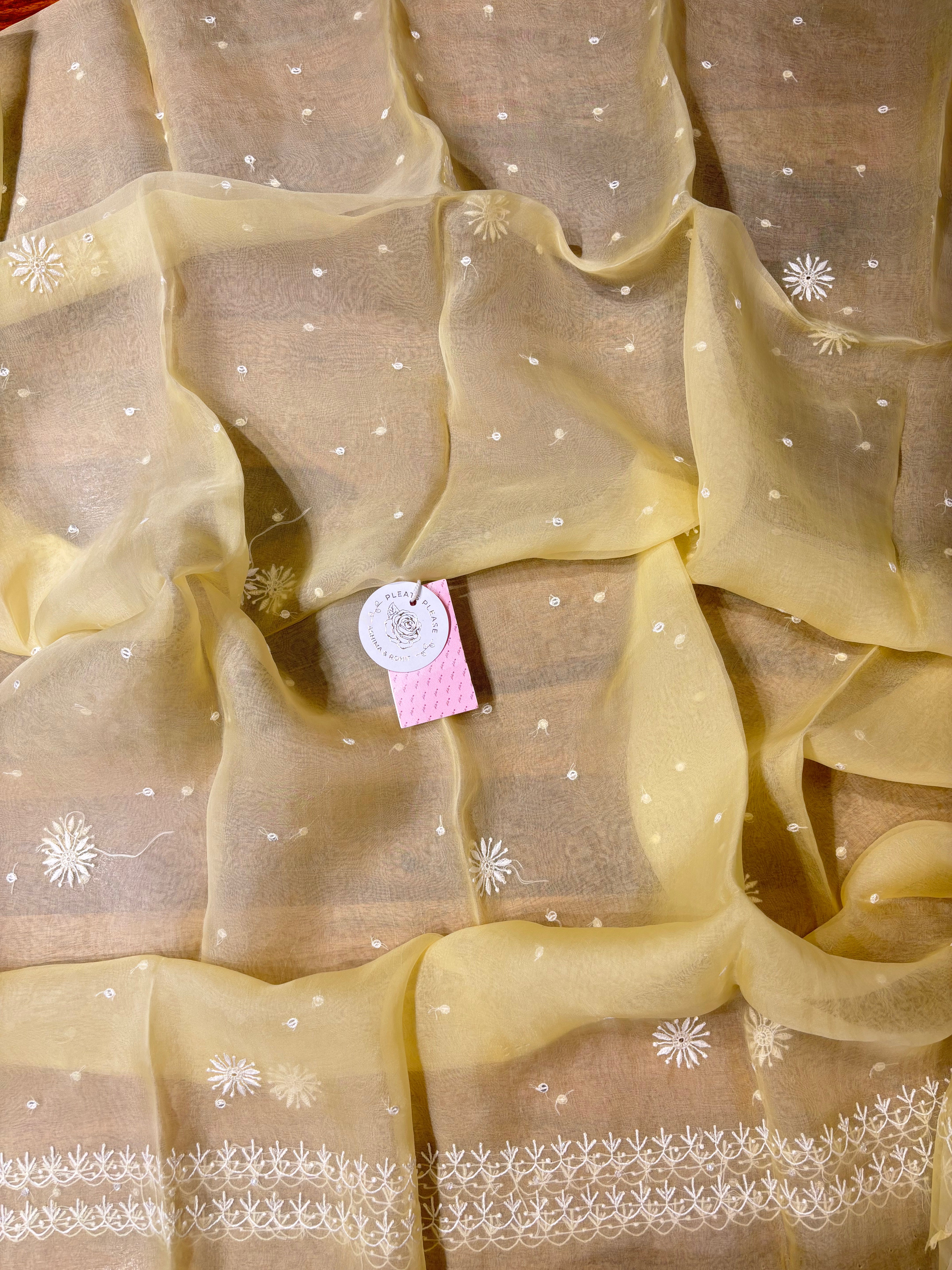 Light Yellow Pure Organza Silk Chikankari Kurta & Dupatta