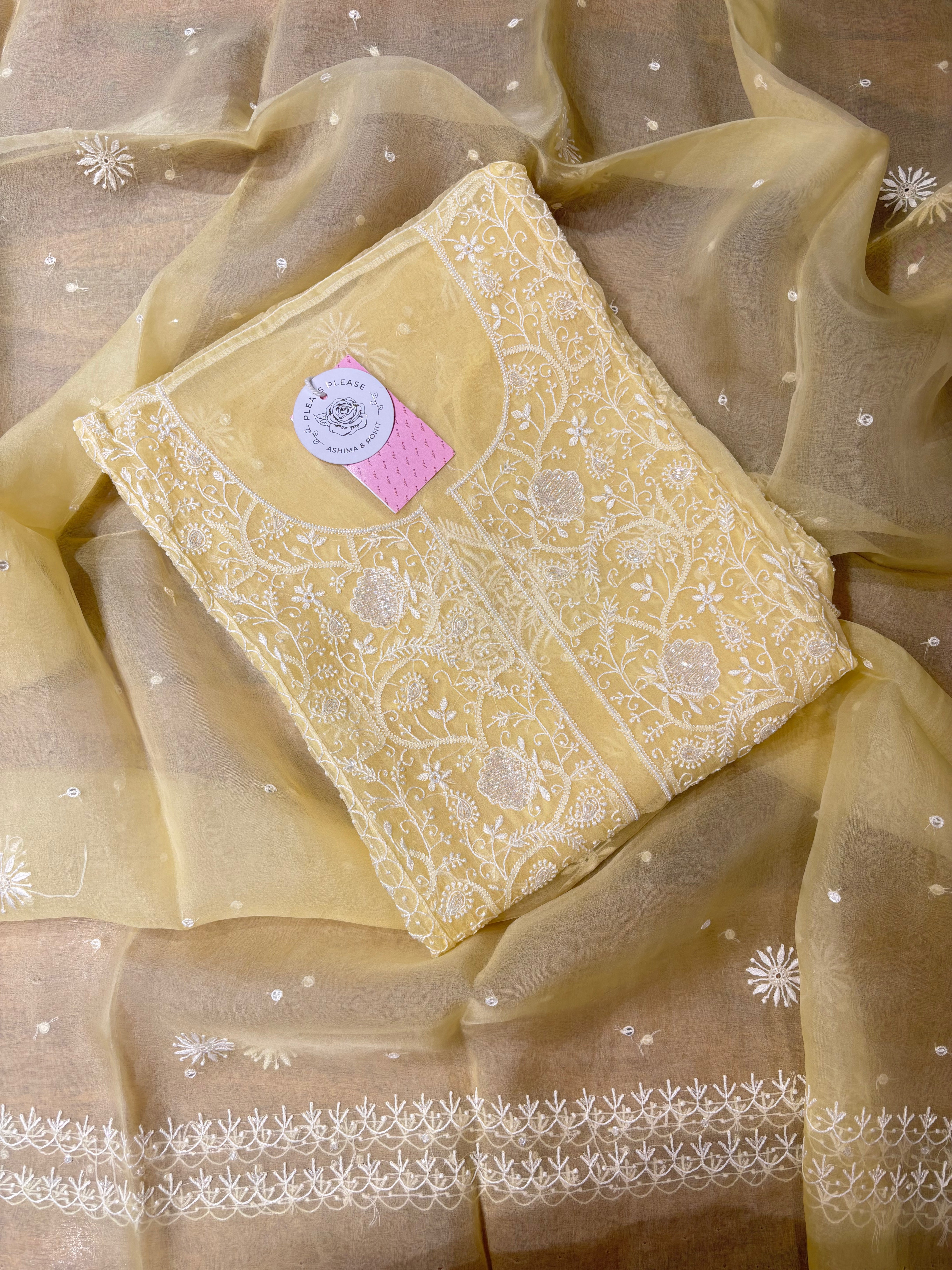 Light Yellow Pure Organza Silk Chikankari Kurta & Dupatta