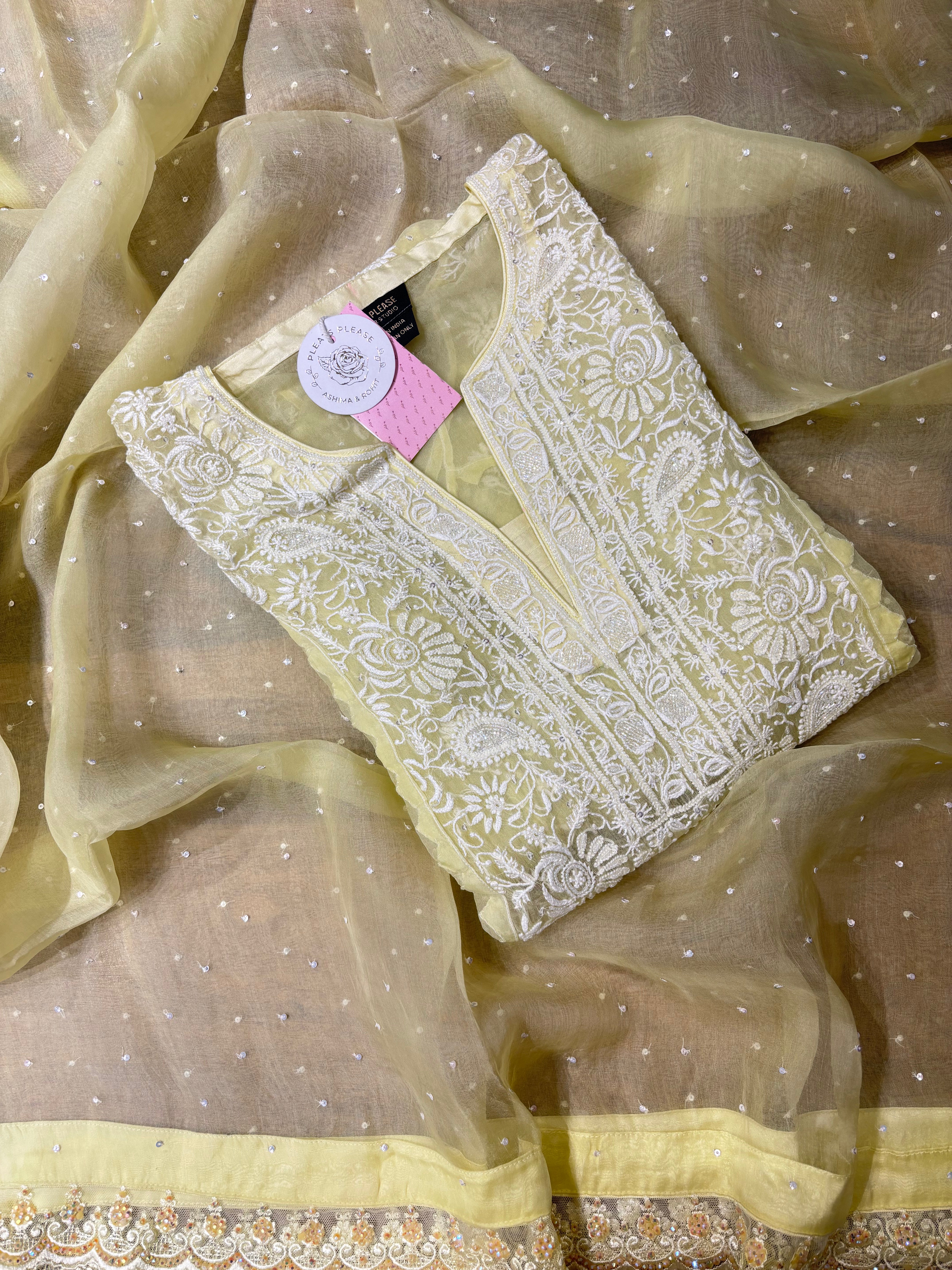 Lemon Yellow Pure Organza Silk Chikankari Kurta & Dupatta