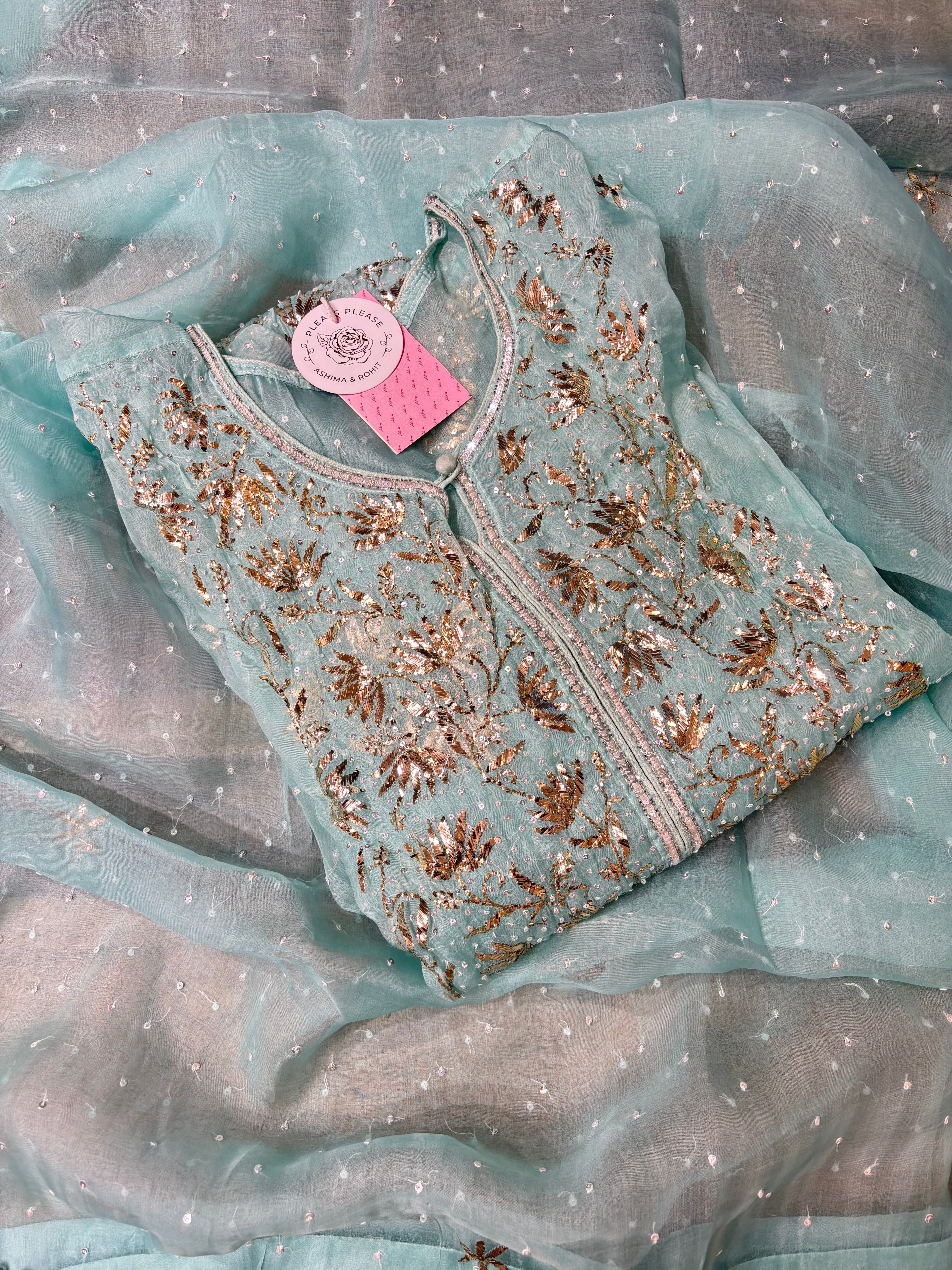 Aqua Blue Pure Organza Silk Mukaish Kurta & Dupatta